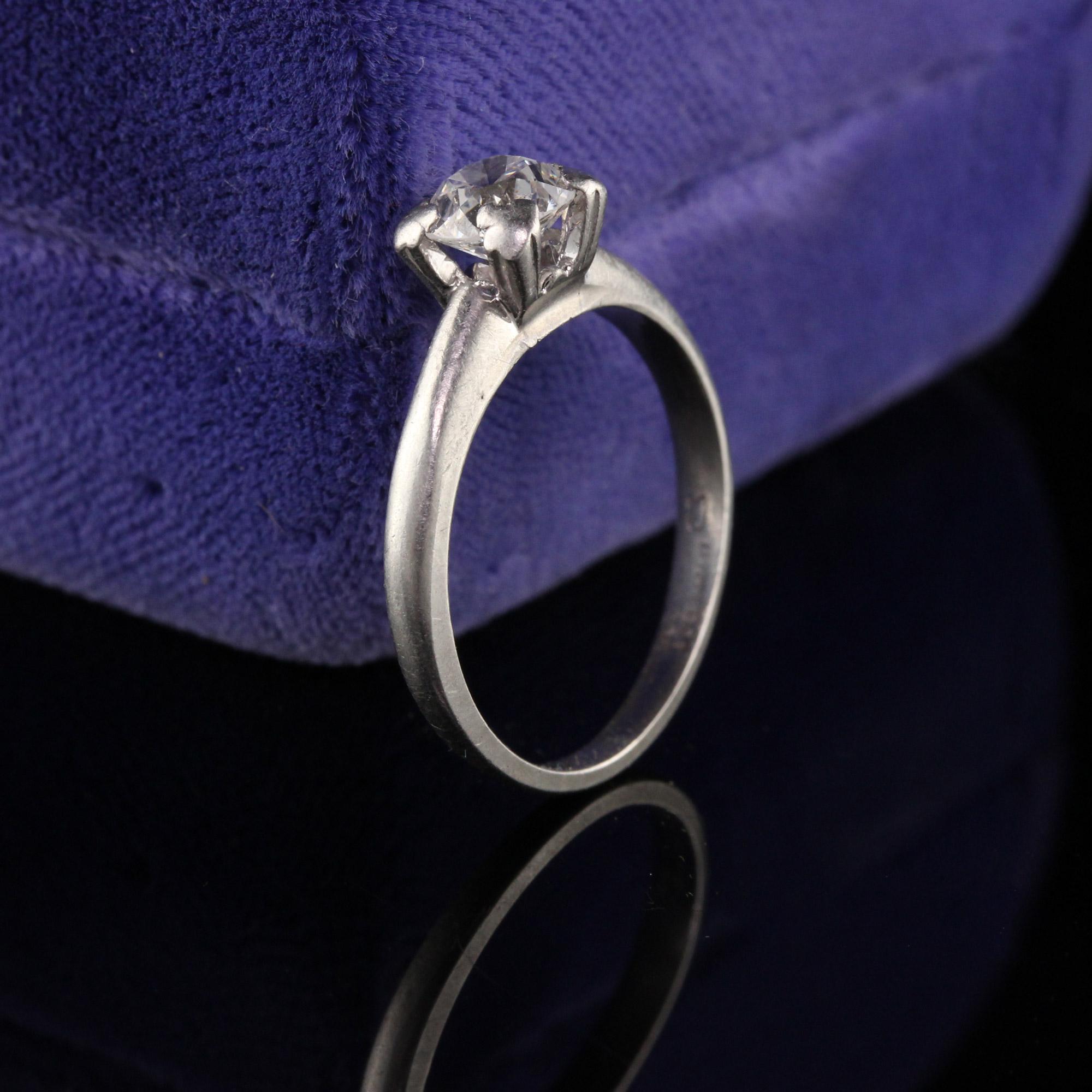 Beautiful Antique Art Deco Platinum Old European Diamond Engagement Ring. This classic engagement ring has an old european cut diamond set in the center of a timeless art deco platinum four prong mounting.

Item #R0768

Metal: Platinum

Diamond: