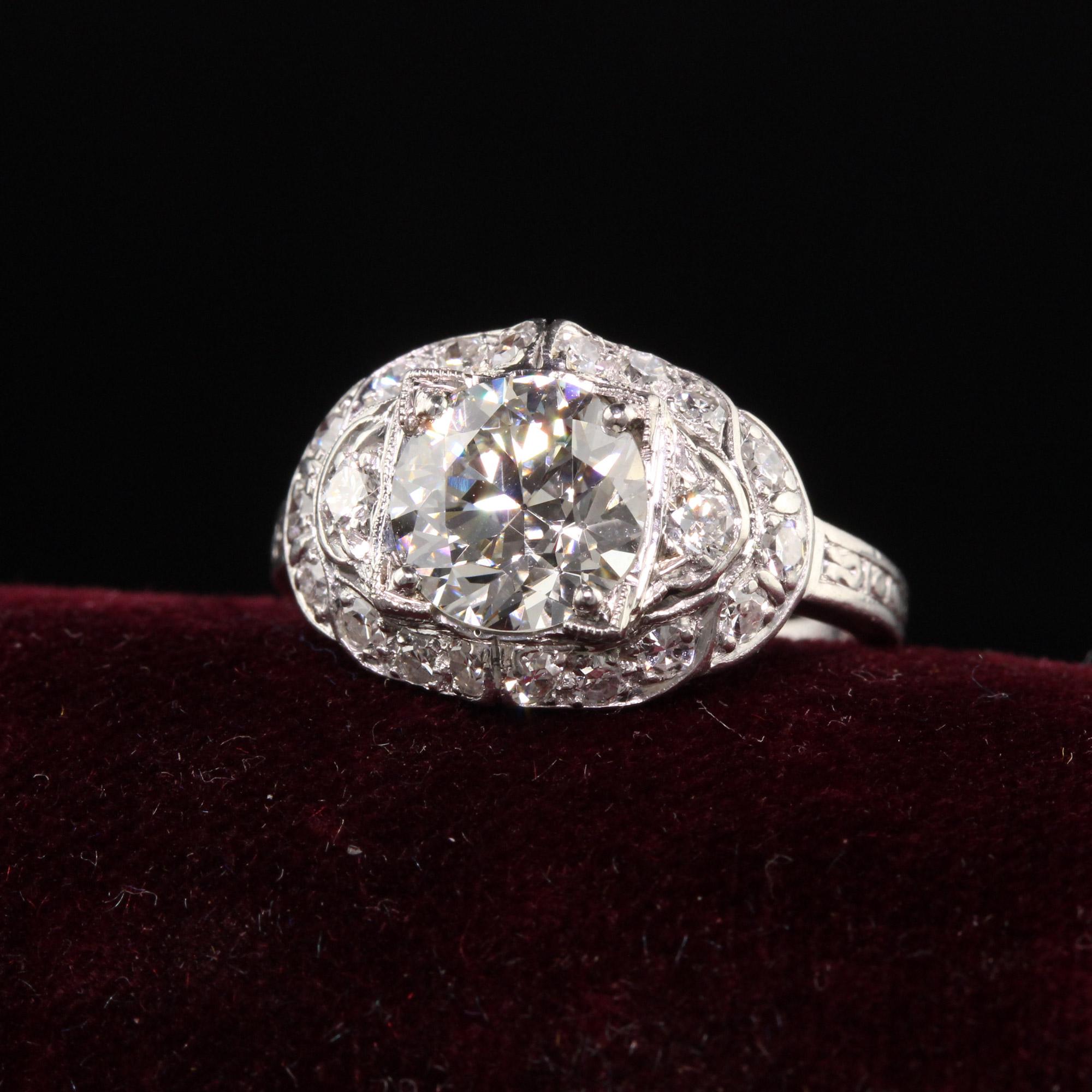 Beautiful Antique Art Deco Platinum Old European Diamond Engagement Ring. This gorgeous engagement ring is crafted in platinum. The center holds a beautiful old european cut diamond in a gorgeous Art Deco mounting with a beautiful design.

Item
