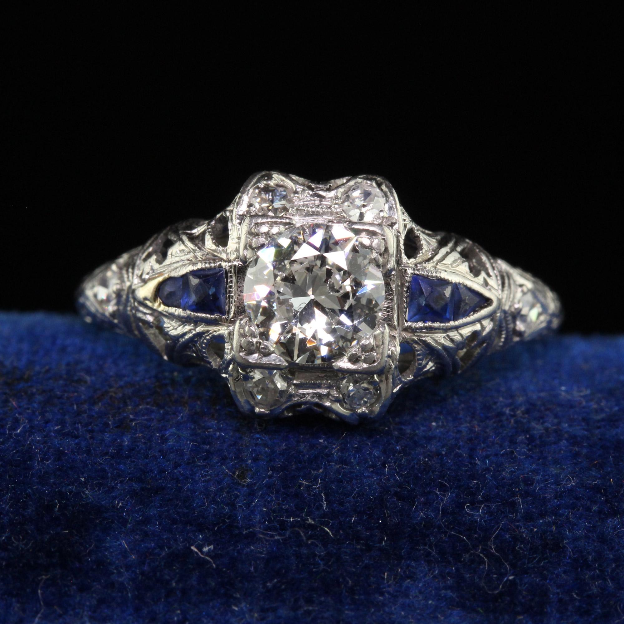 Beautiful Antique Art Deco Platinum Old European Diamond Engagement Ring. This beautiful antique engagement ring is crafted in platinum. The center holds a beautiful white old European cut diamond and it is set in a gorgeous engraved filigree