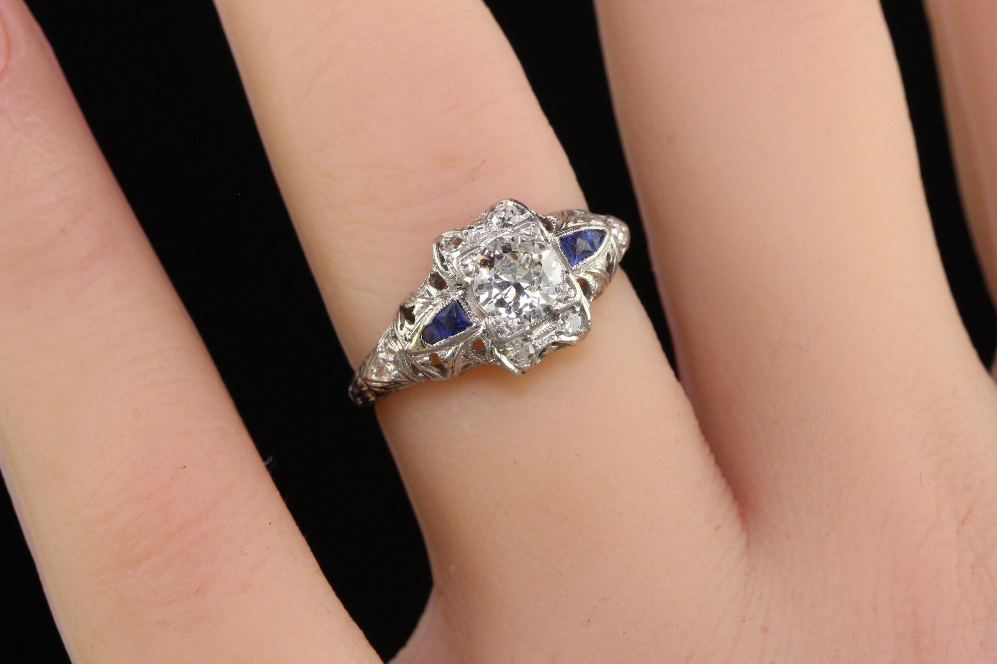 Antique Art Deco Platinum Old European Diamond Engagement Ring For Sale 2
