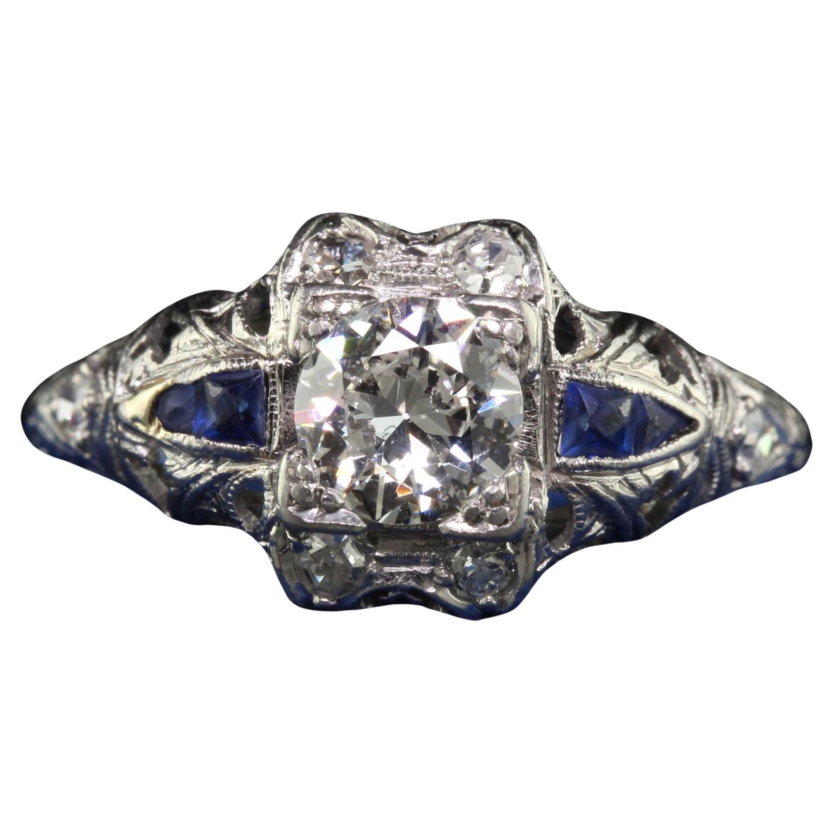 Antique Art Deco Platinum Old European Diamond Engagement Ring For Sale