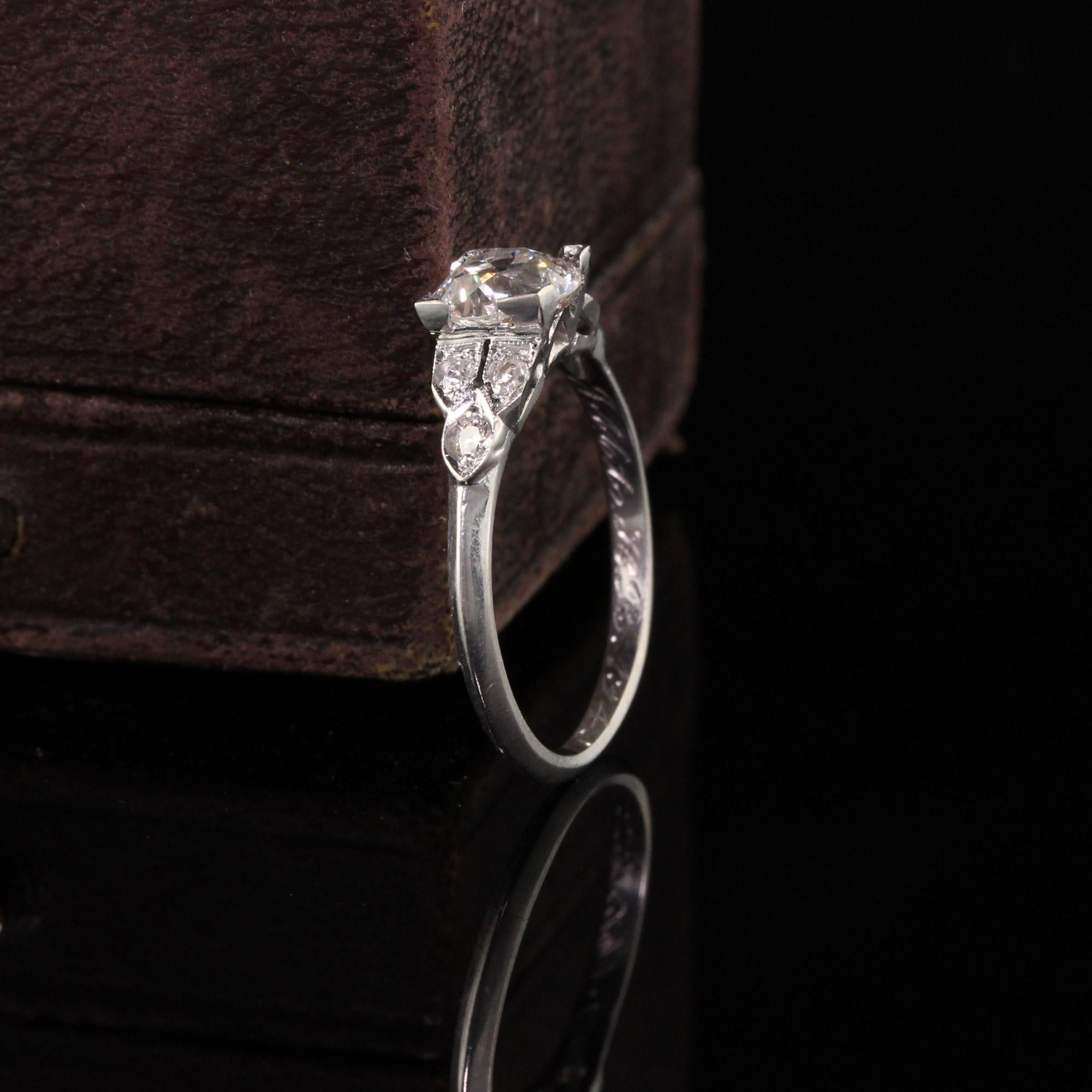 Gorgeous Antique Art Deco Platinum Old European Diamond Engagement Ring - GIA. This beautiful engagement ring has a .85 ct GIA certified old european cut diamond that is I color and SI1 clarity. It is set in a gorgeous classic art deco mounting.