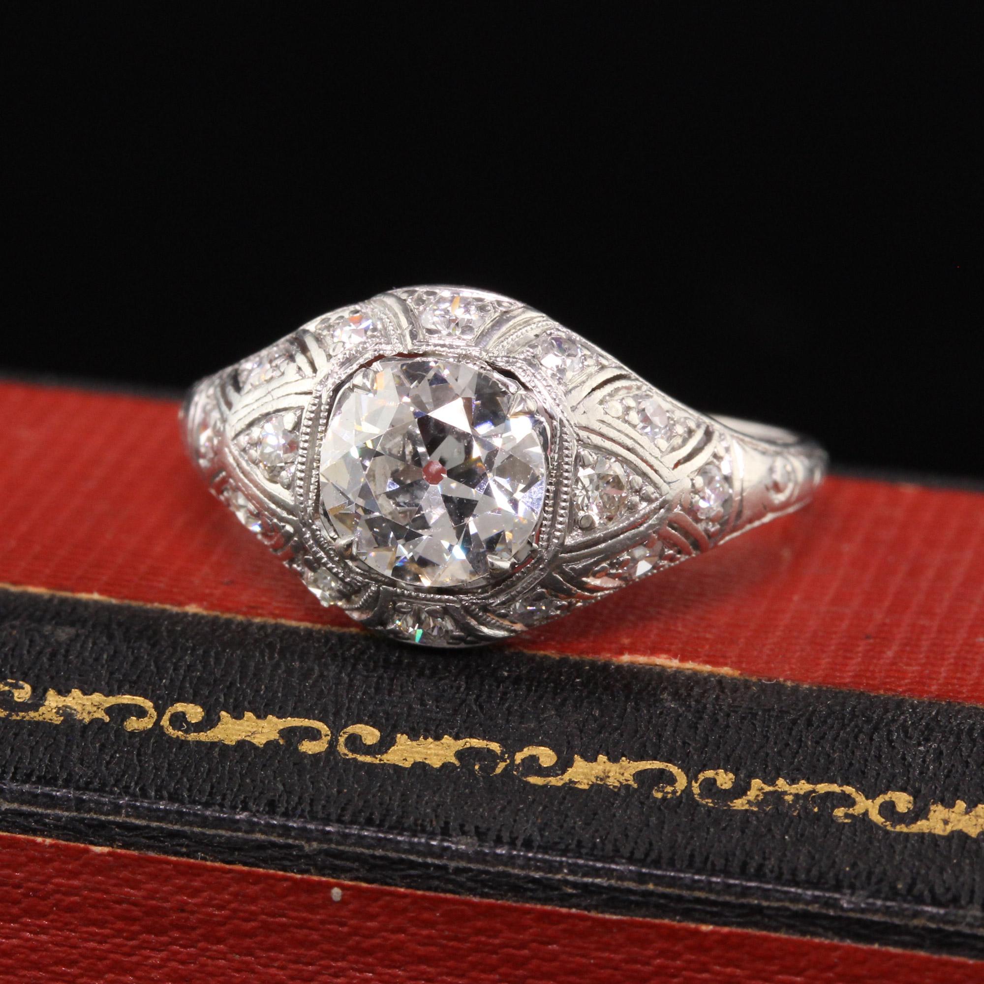 Beautiful Antique Art Deco Platinum Old European Diamond Engagement Ring. This beautiful engagement ring has an old european cut diamond in the center of a beautiful diamond filigree mounting.

Item #R1072

Metal: Platinum

Weight: 4.1 Grams

Size: