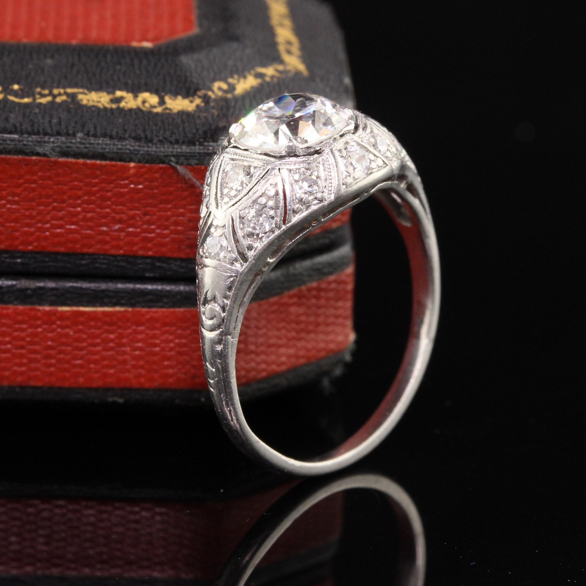Old European Cut Antique Art Deco Platinum Old European Diamond Engagement Ring, GIA For Sale
