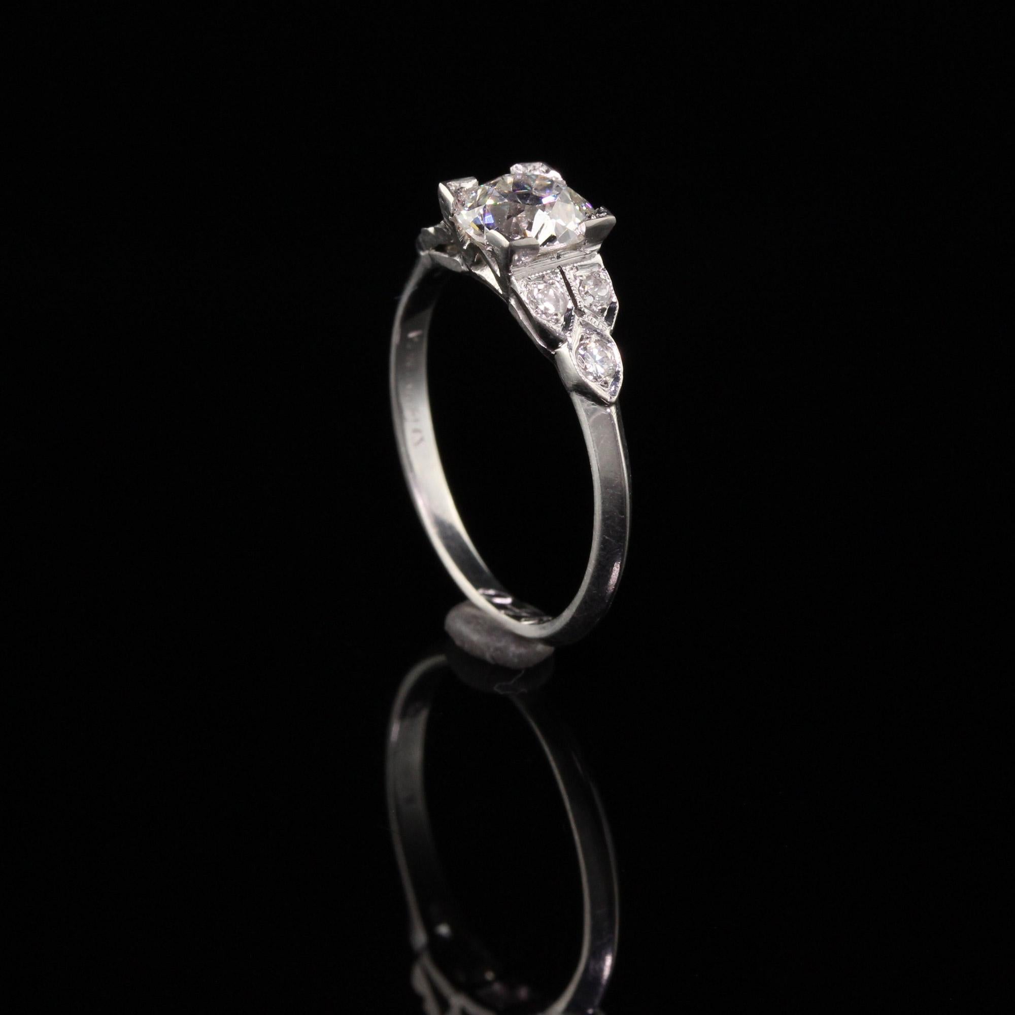 Women's Antique Art Deco Platinum Old European Diamond Engagement Ring, GIA
