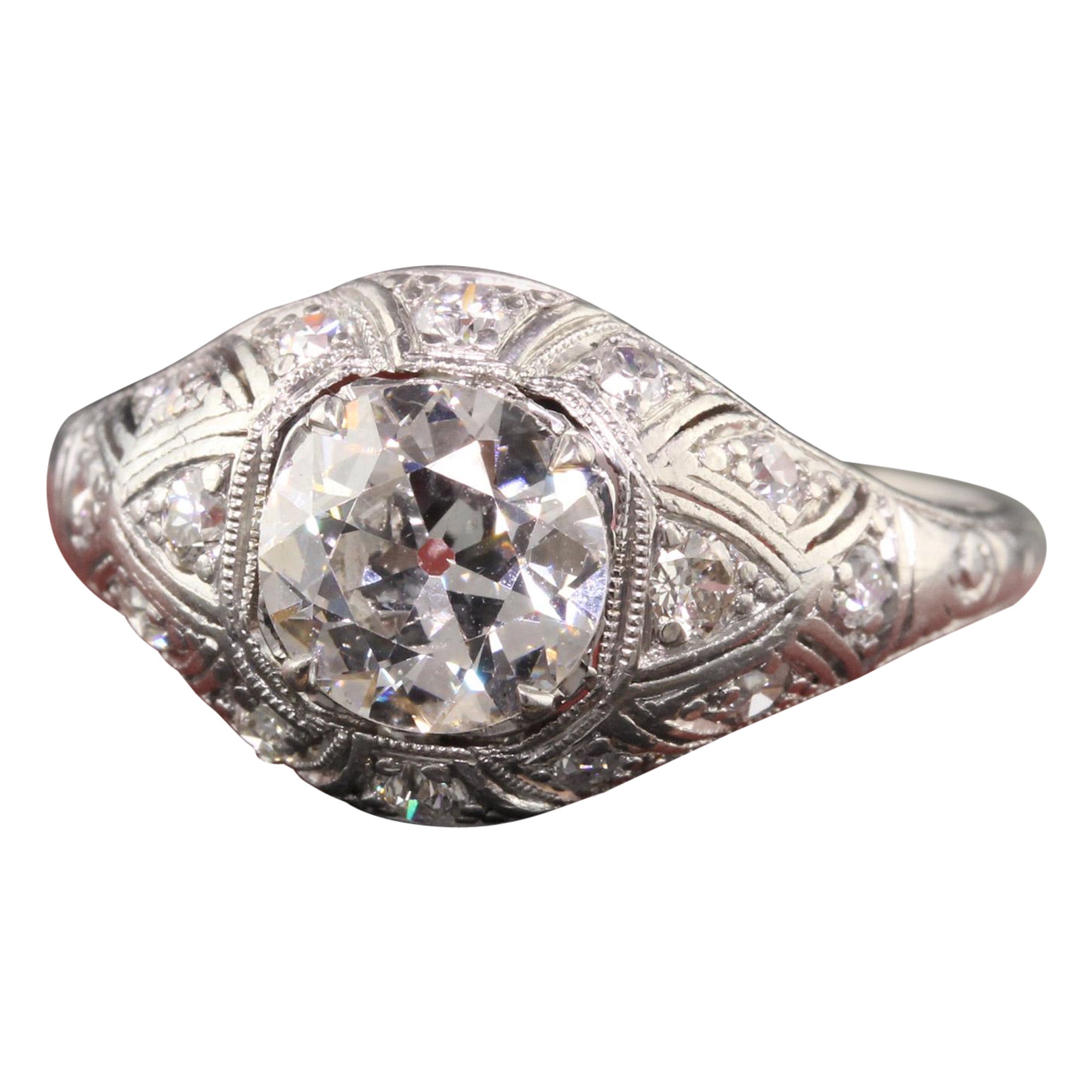 Anello di fidanzamento antico Art Deco in platino con diamante europeo, GIA