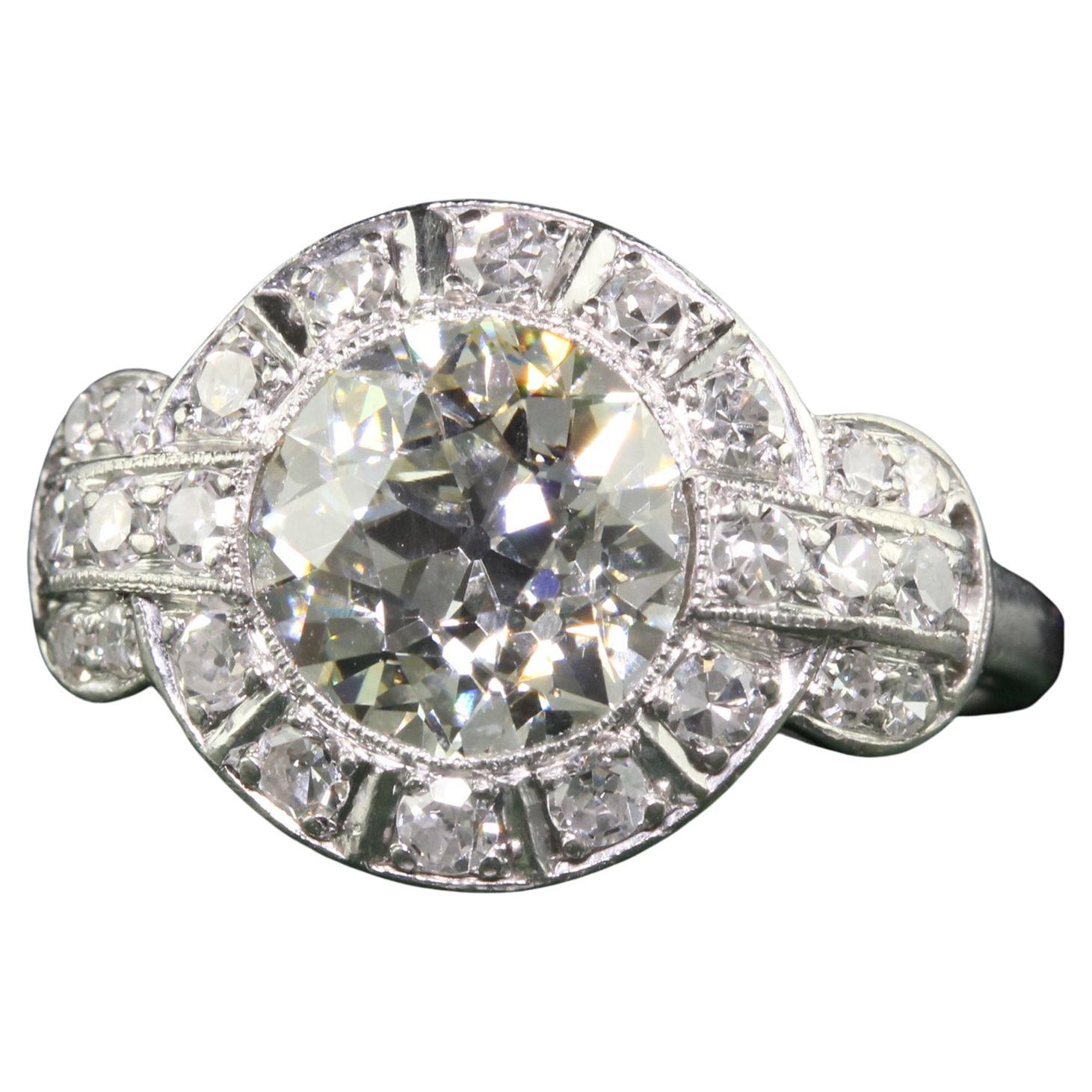 Antique Art Deco Platinum Old European Diamond Engagement Ring, GIA For Sale