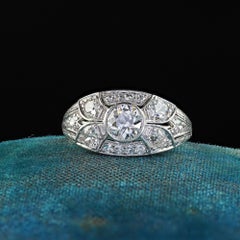 Antique Art Deco Platinum Old European Diamond Engraved Engagement Ring