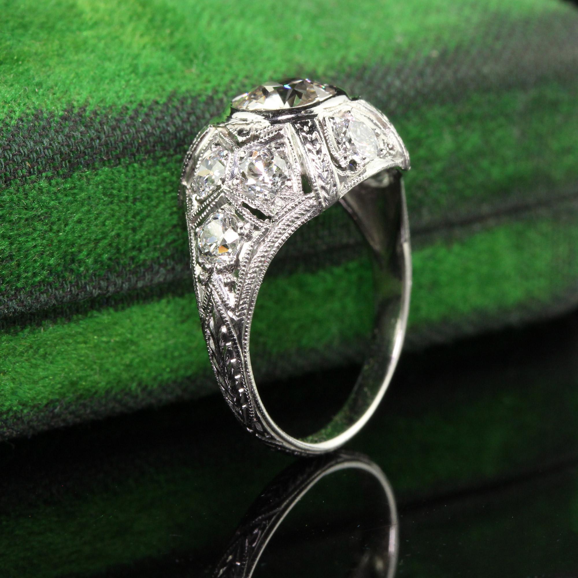 Old European Cut Antique Art Deco Platinum Old European Diamond Engraved Engagement Ring For Sale