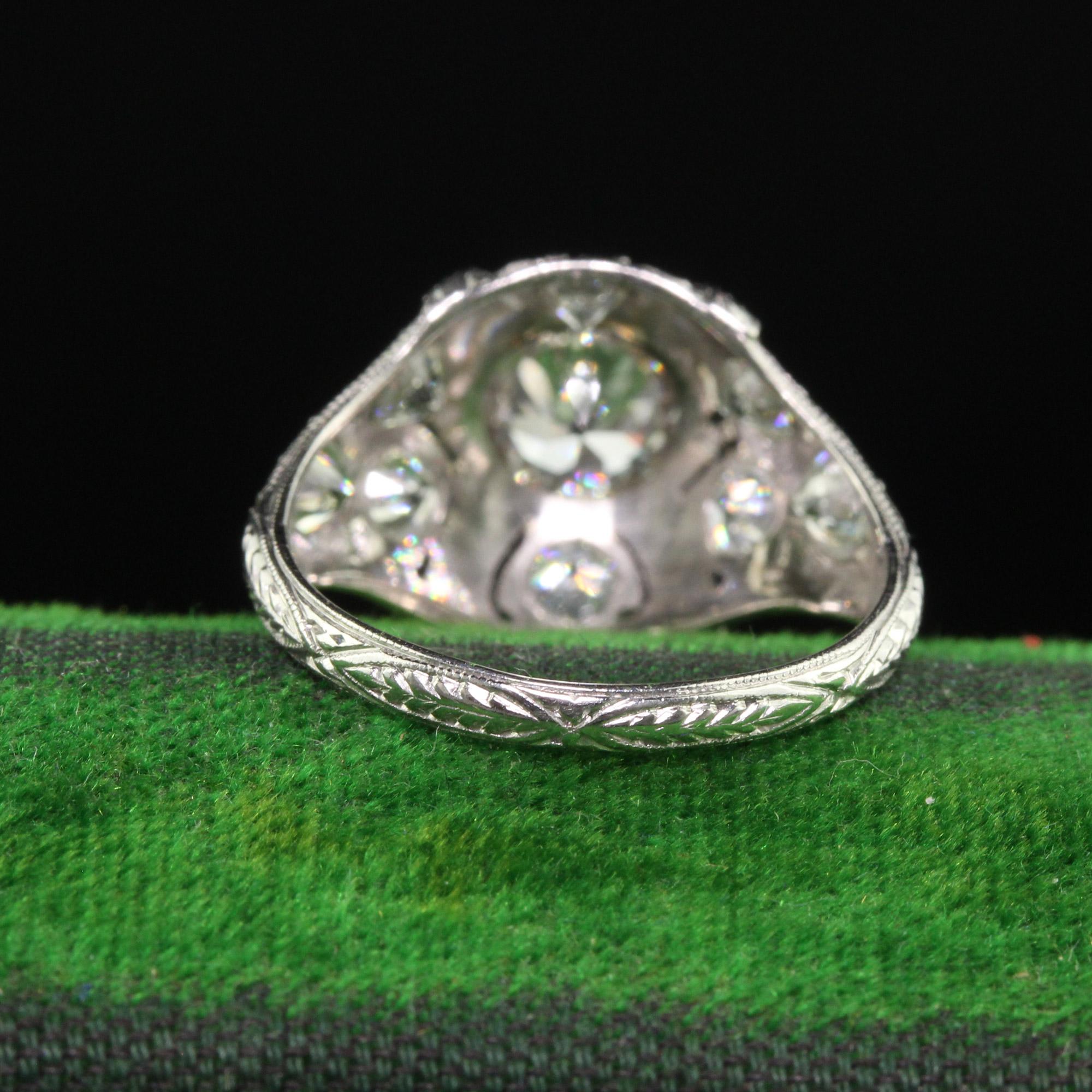 Antique Art Deco Platinum Old European Diamond Engraved Engagement Ring In Good Condition For Sale In Great Neck, NY