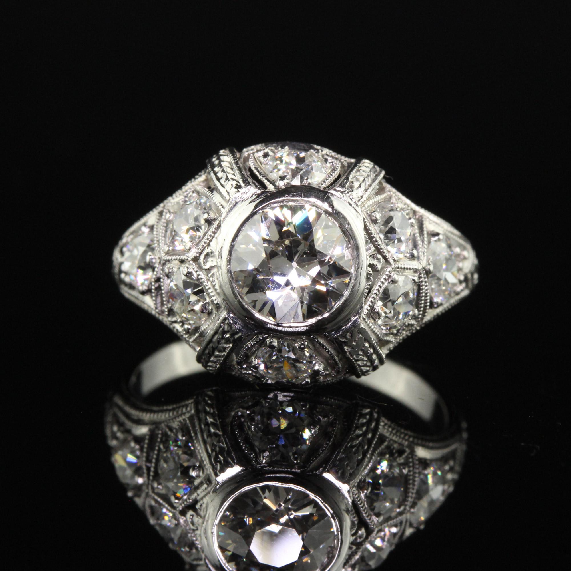 Women's Antique Art Deco Platinum Old European Diamond Engraved Engagement Ring For Sale