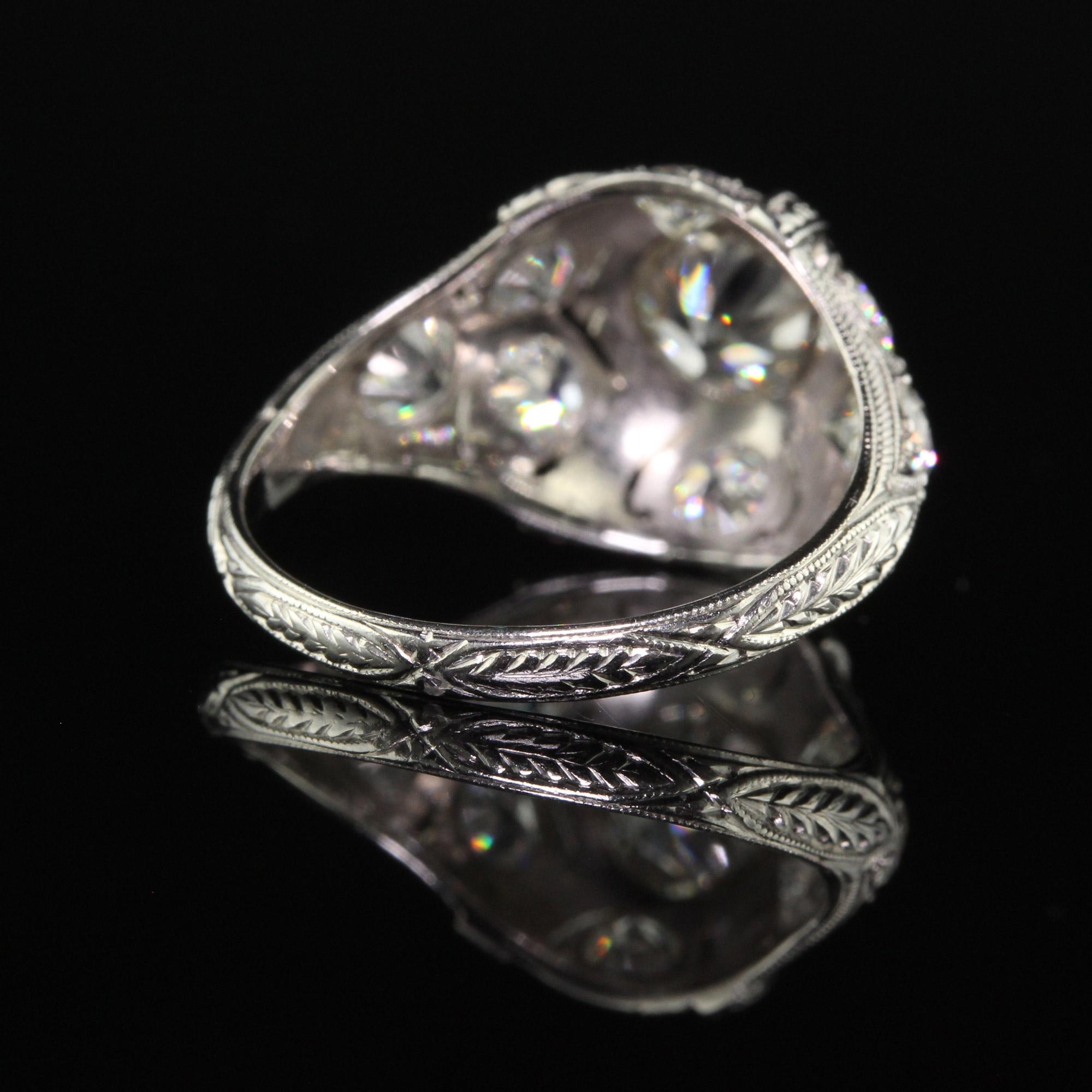 Antique Art Deco Platinum Old European Diamond Engraved Engagement Ring For Sale 1