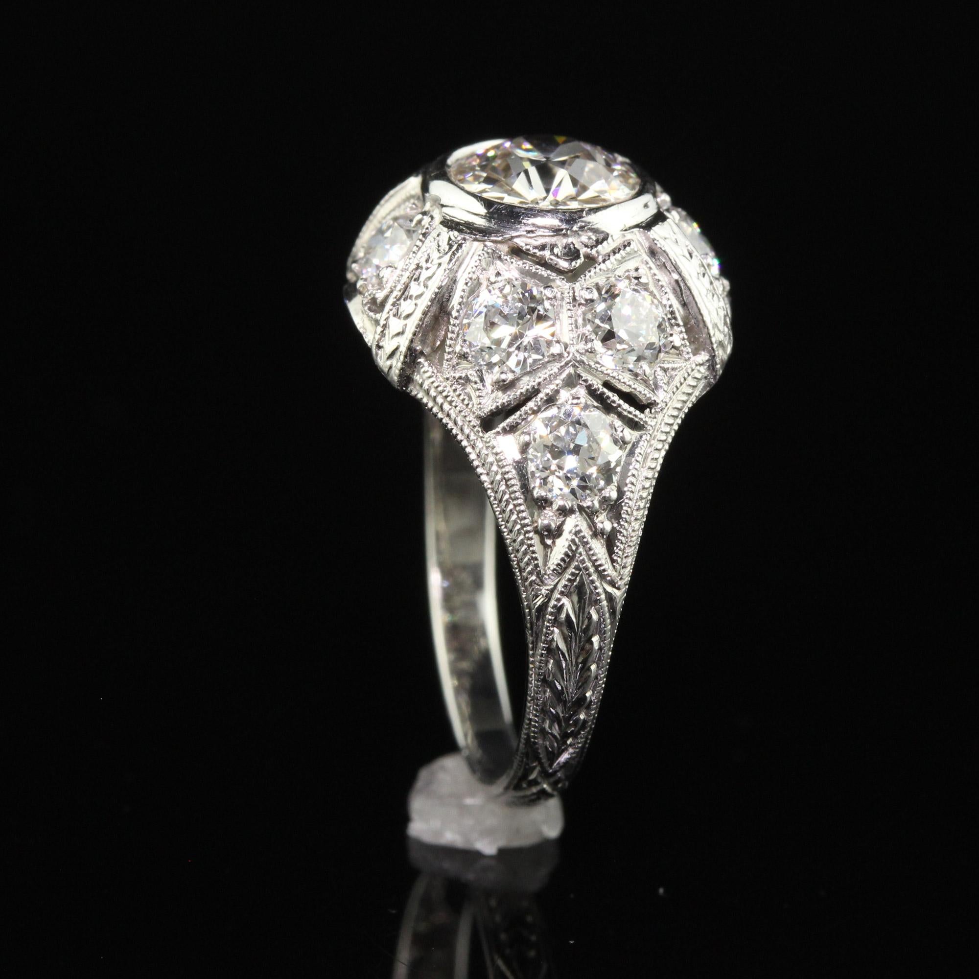 Antique Art Deco Platinum Old European Diamond Engraved Engagement Ring For Sale 2
