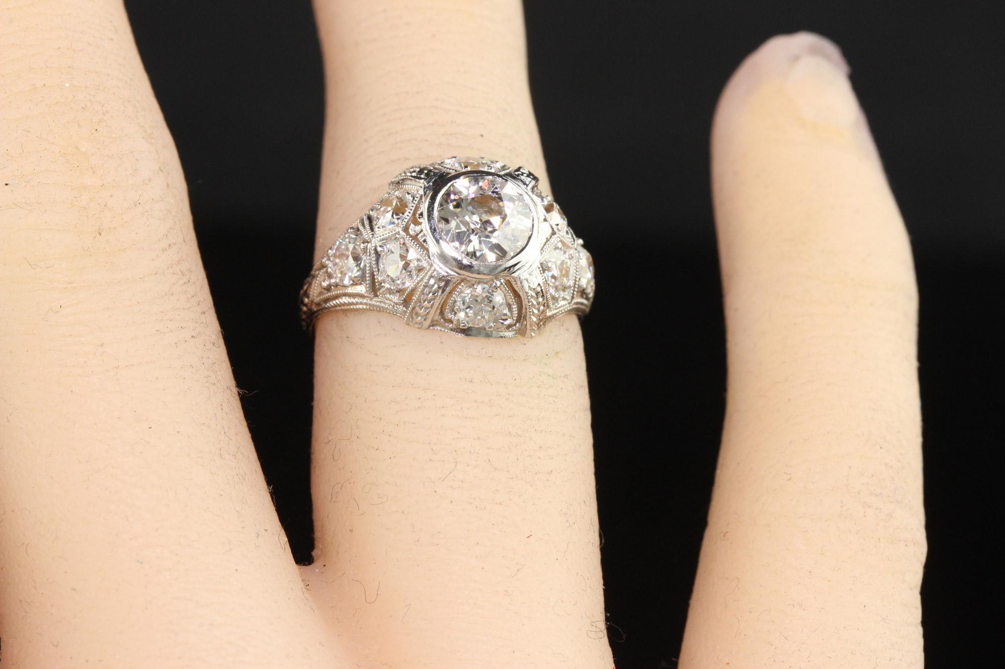 Antique Art Deco Platinum Old European Diamond Engraved Engagement Ring For Sale 3
