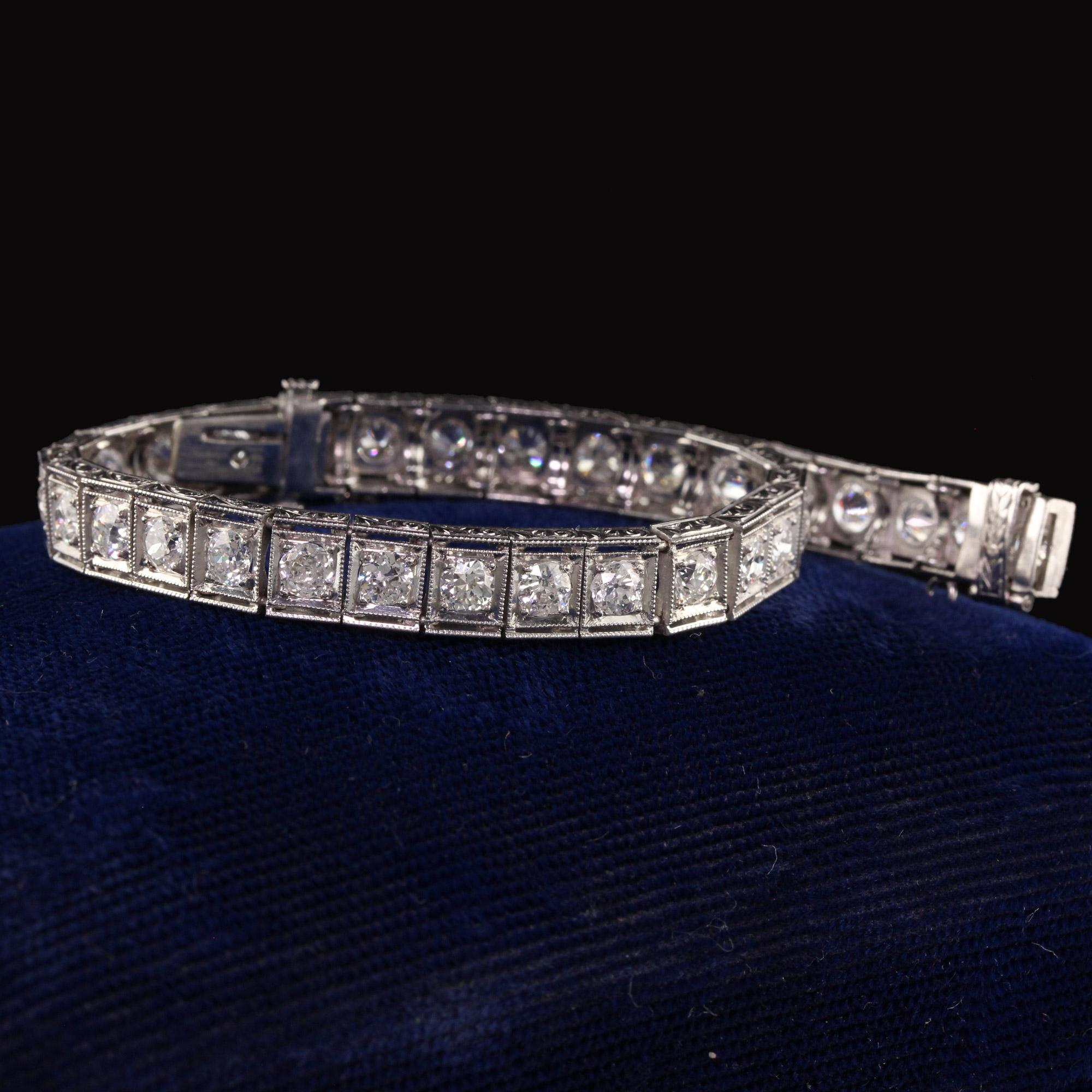 Antique Art Deco Platinum Old European Diamond Engraved Tennis Bracelet 5