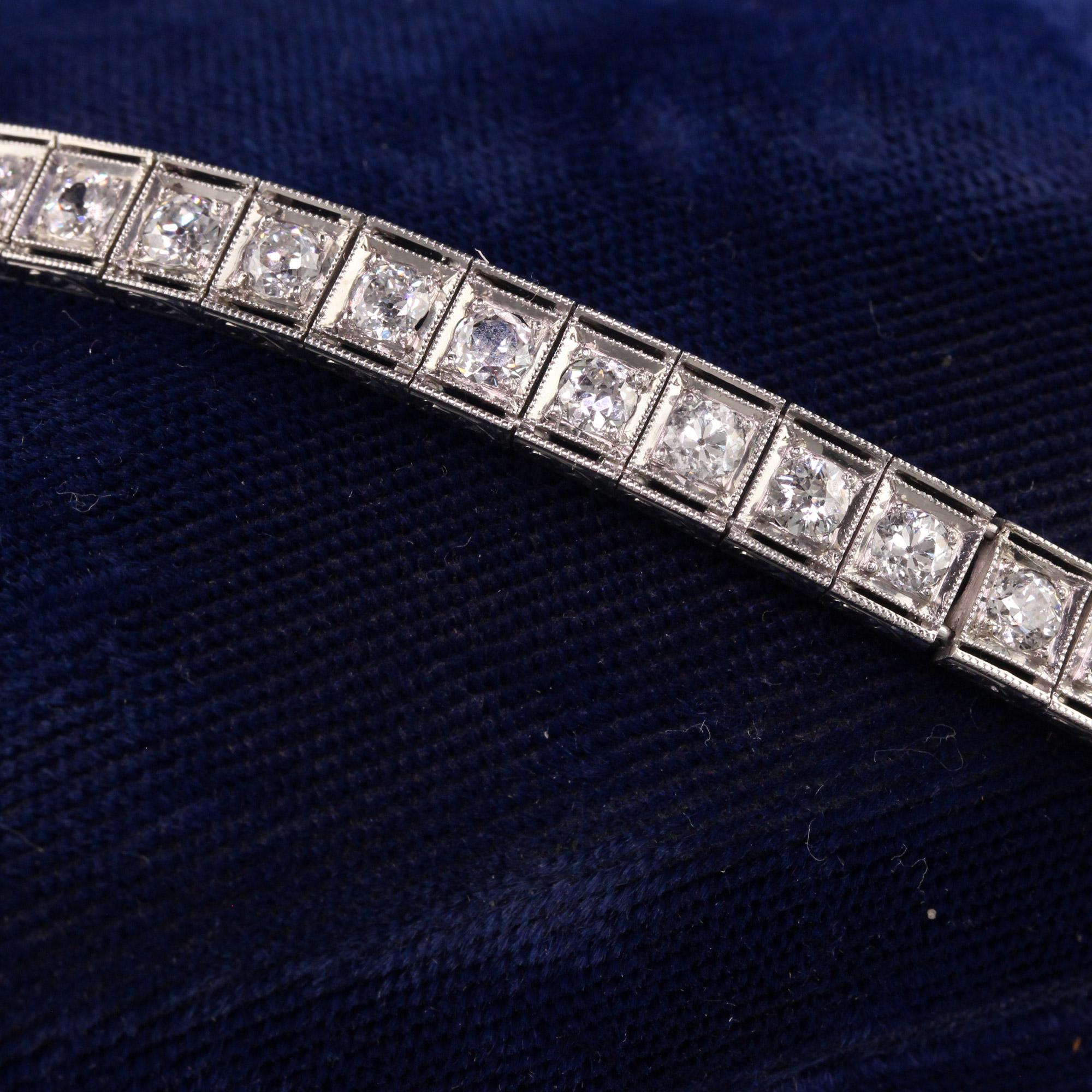 Antique Art Deco Platinum Old European Diamond Engraved Tennis Bracelet In Good Condition In Great Neck, NY