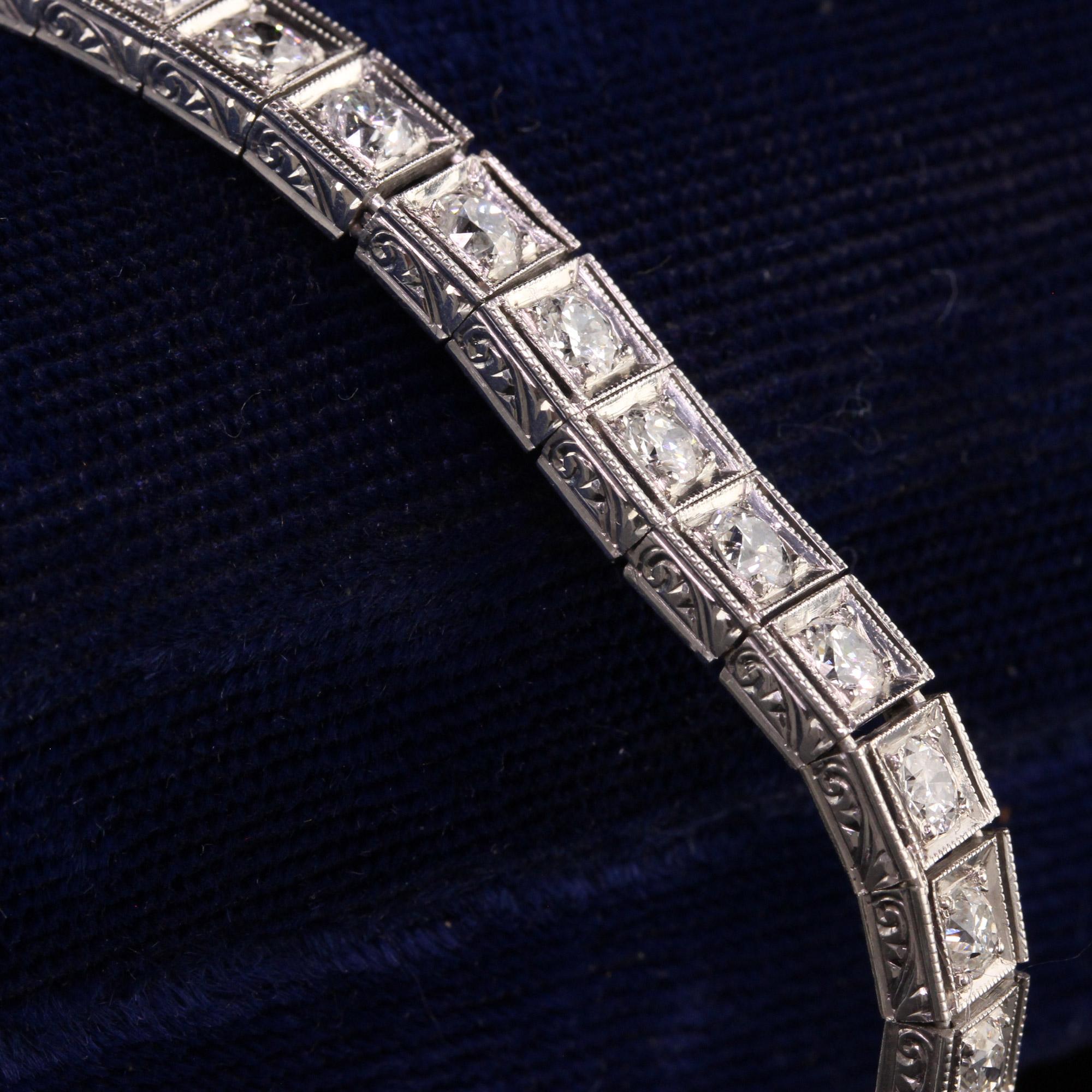 Women's Antique Art Deco Platinum Old European Diamond Engraved Tennis Bracelet