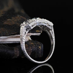 Antique Art Deco Platinum Old European Diamond Engraved Three Stone Ring