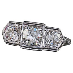 Antique Art Deco Platinum Old European Diamond Engraved Three Stone Ring