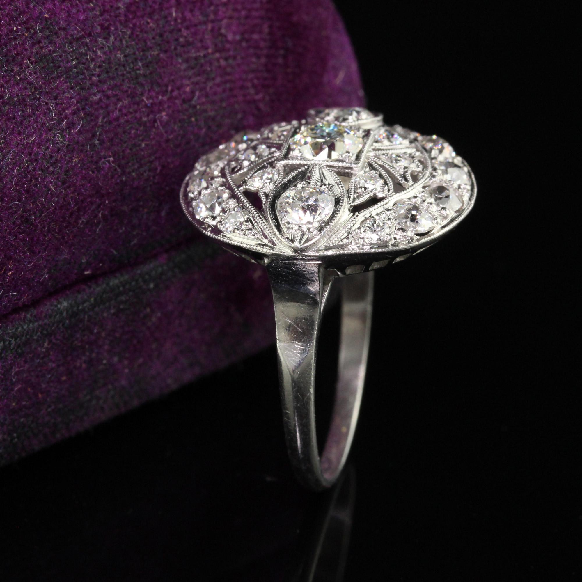 Old European Cut Antique Art Deco Platinum Old European Diamond Filigree Cocktail Ring For Sale