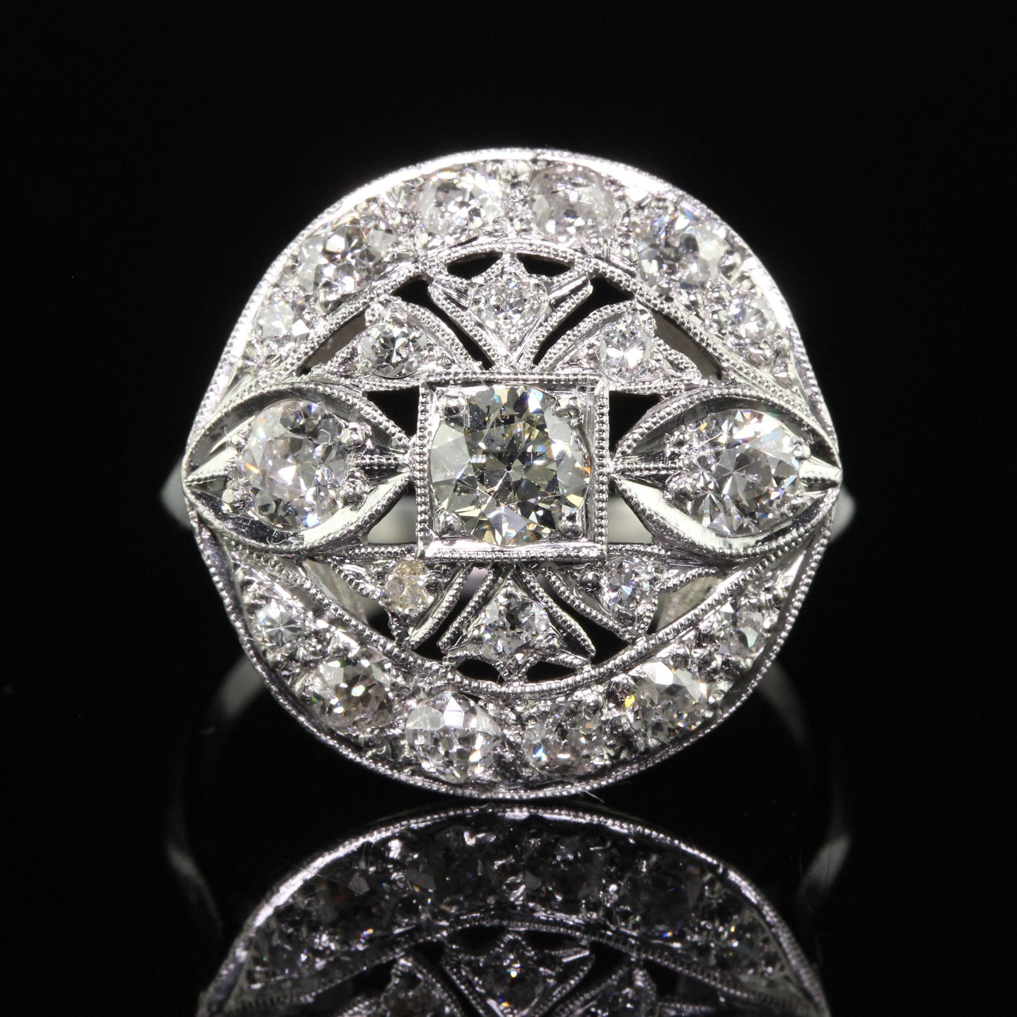 Women's Antique Art Deco Platinum Old European Diamond Filigree Cocktail Ring For Sale