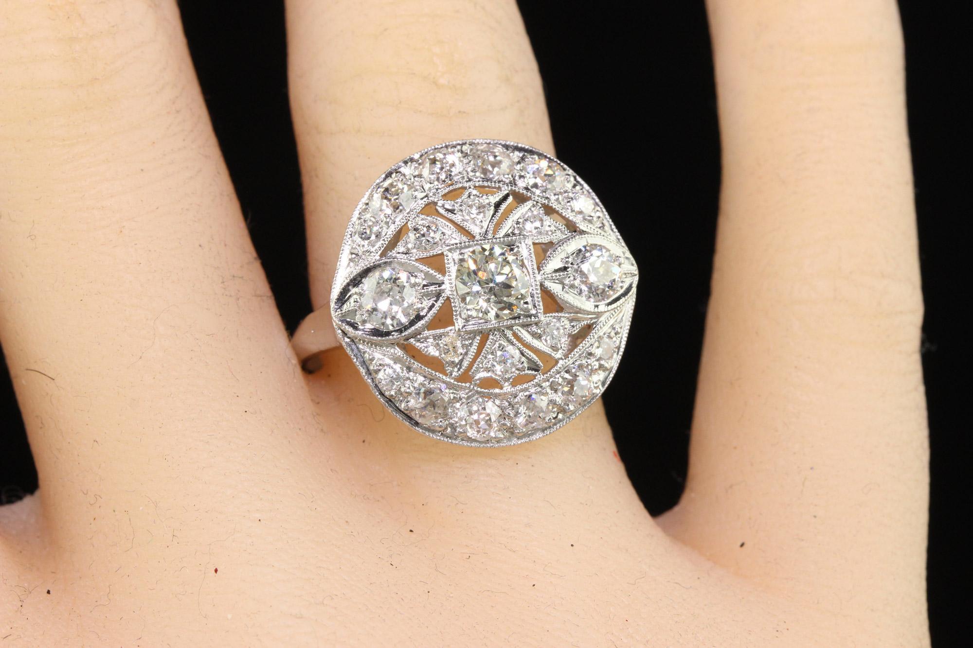 Antique Art Deco Platinum Old European Diamond Filigree Cocktail Ring For Sale 3