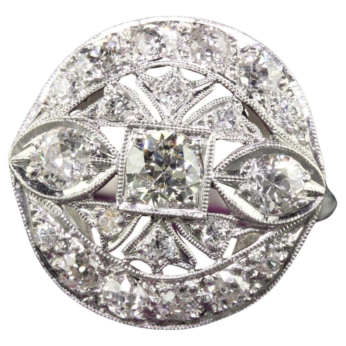 Antique Art Deco Platinum Old European Diamond Filigree Cocktail Ring For Sale