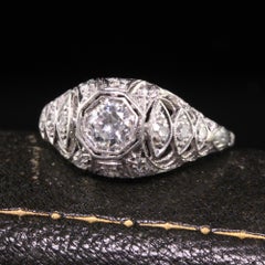 Antique Art Deco Platinum Old European Diamond Filigree Engagement Ring