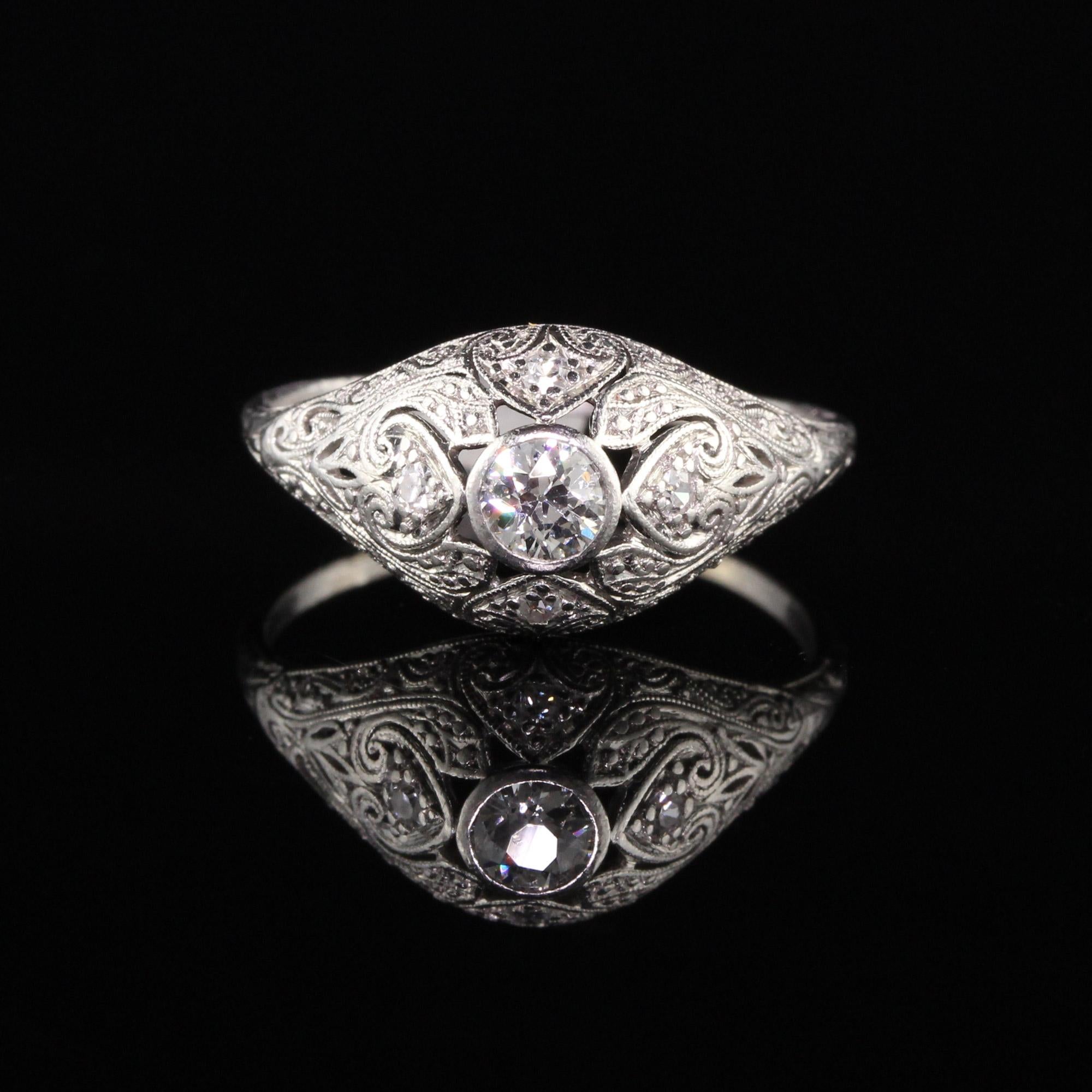 Old European Cut Antique Art Deco Platinum Old European Diamond Filigree Engagement Ring