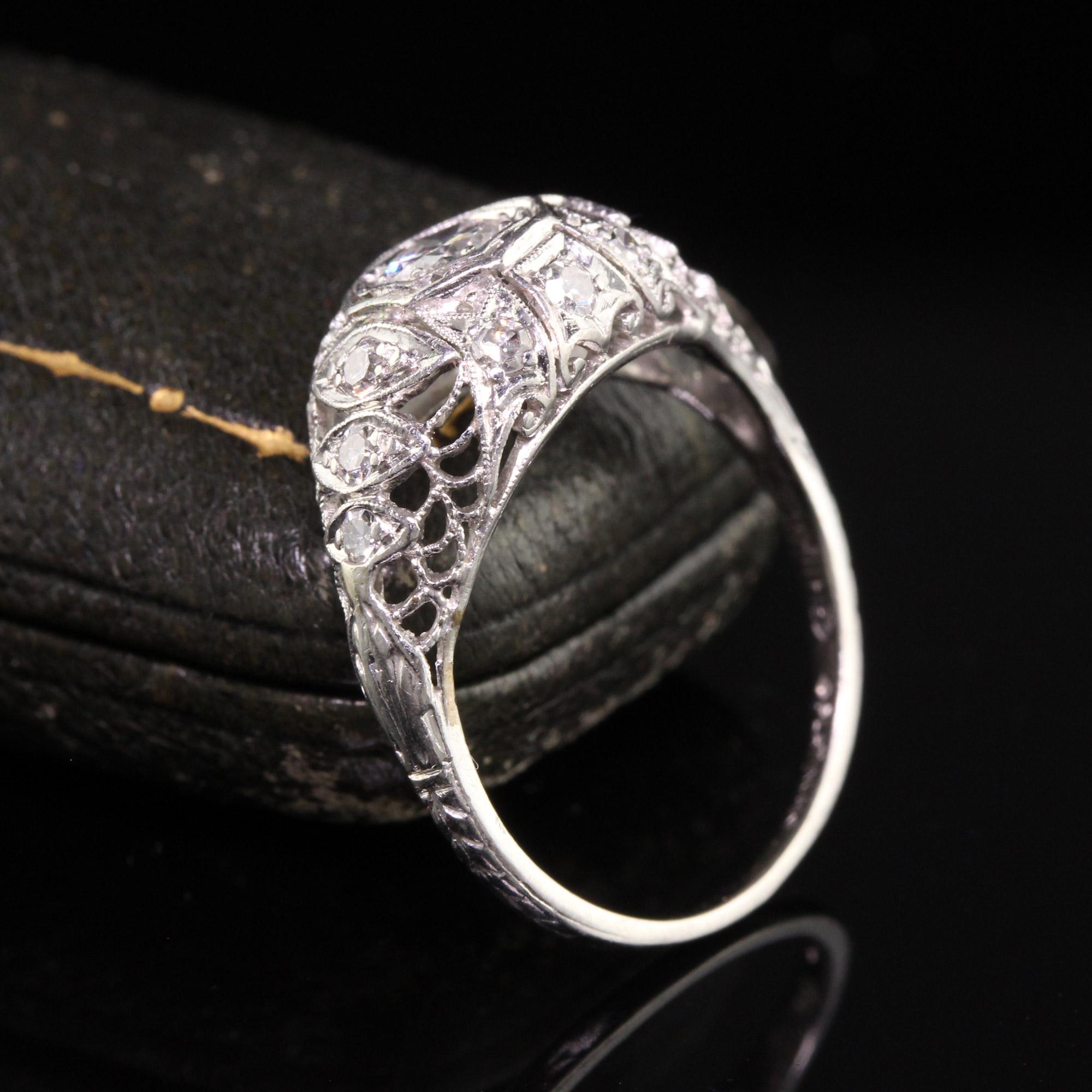 Old European Cut Antique Art Deco Platinum Old European Diamond Filigree Engagement Ring For Sale