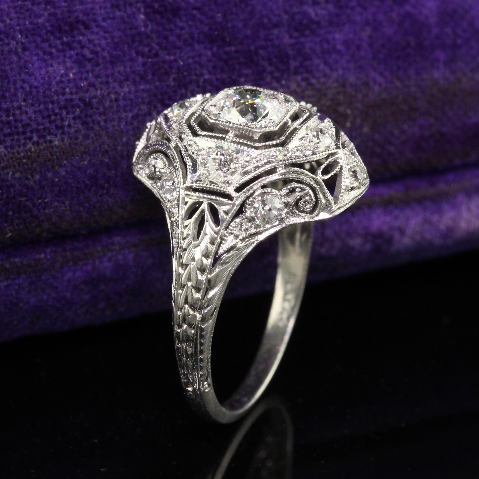 Old European Cut Antique Art Deco Platinum Old European Diamond Filigree Engagement Ring For Sale