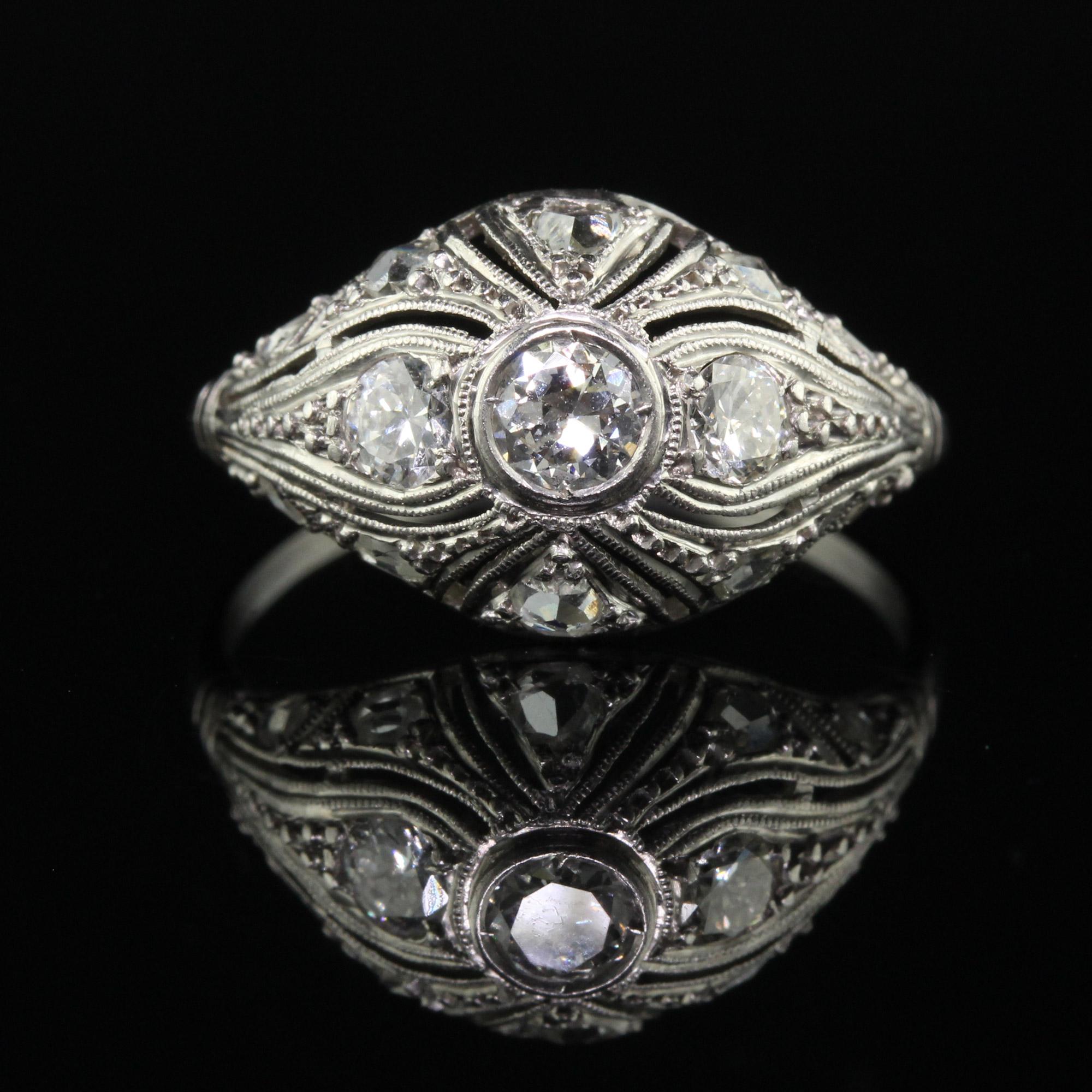 Antique Art Deco Platinum Old European Diamond Filigree Engagement Ring In Good Condition In Great Neck, NY