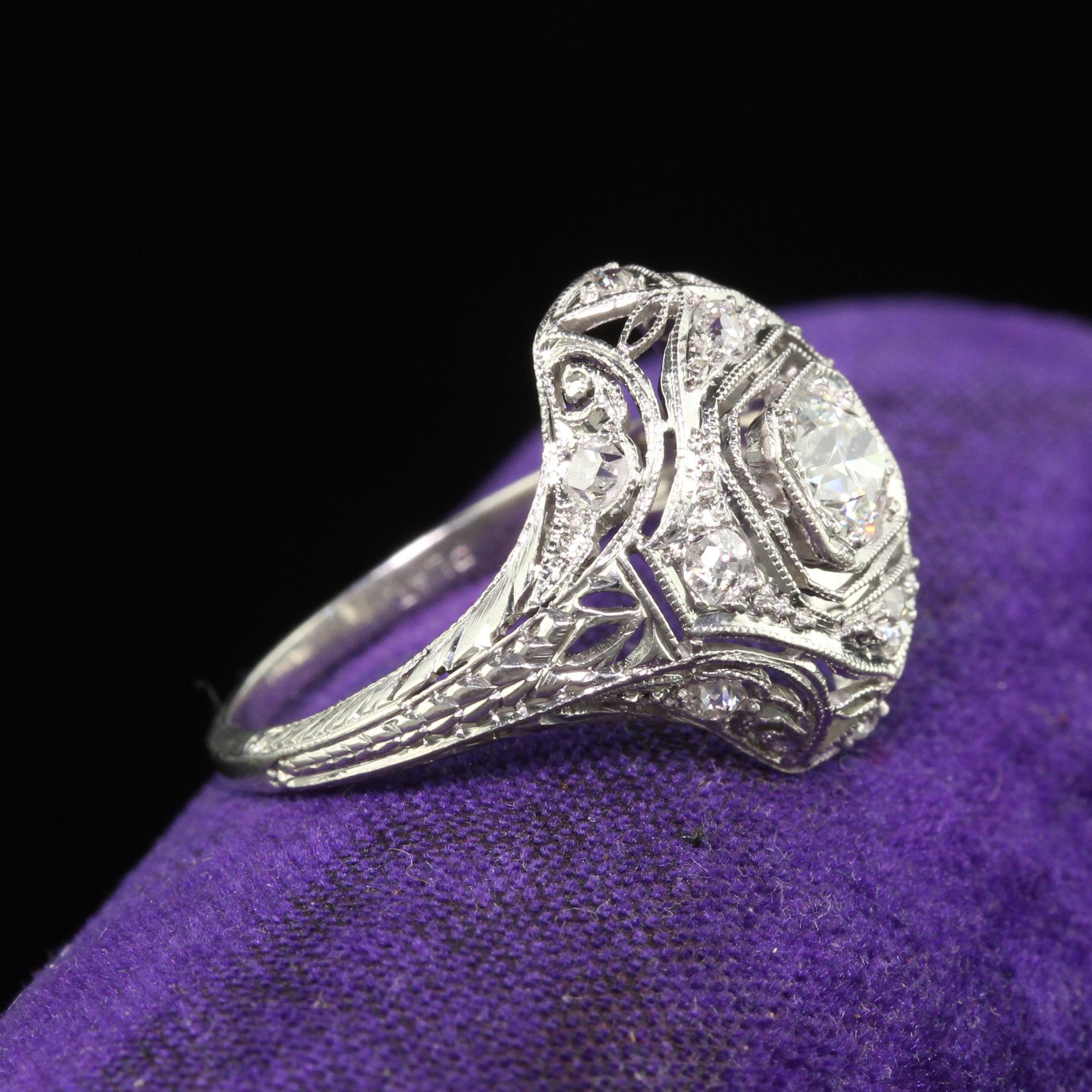 Antique Art Deco Platinum Old European Diamond Filigree Engagement Ring In Good Condition For Sale In Great Neck, NY