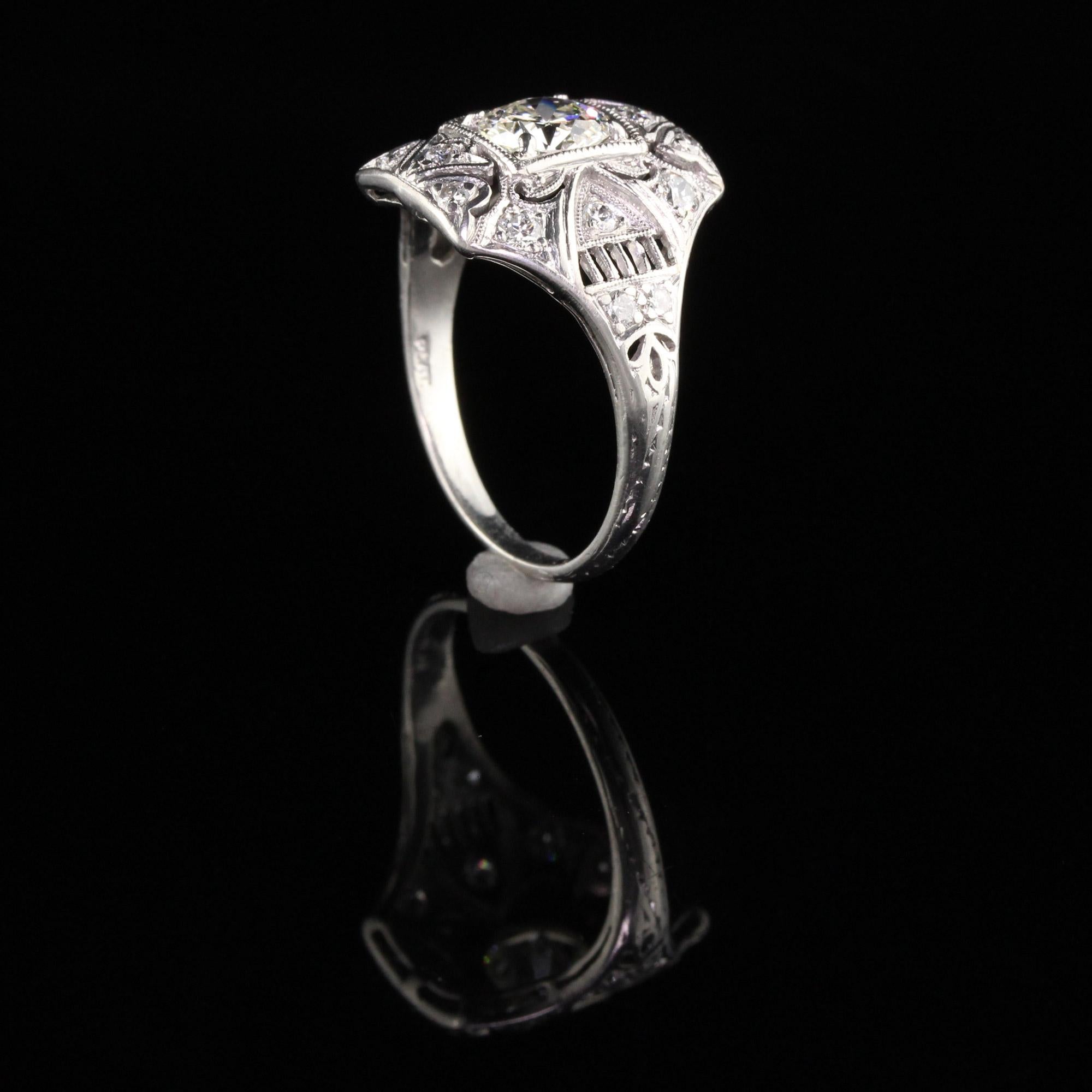 Women's Antique Art Deco Platinum Old European Diamond Filigree Engagement Ring