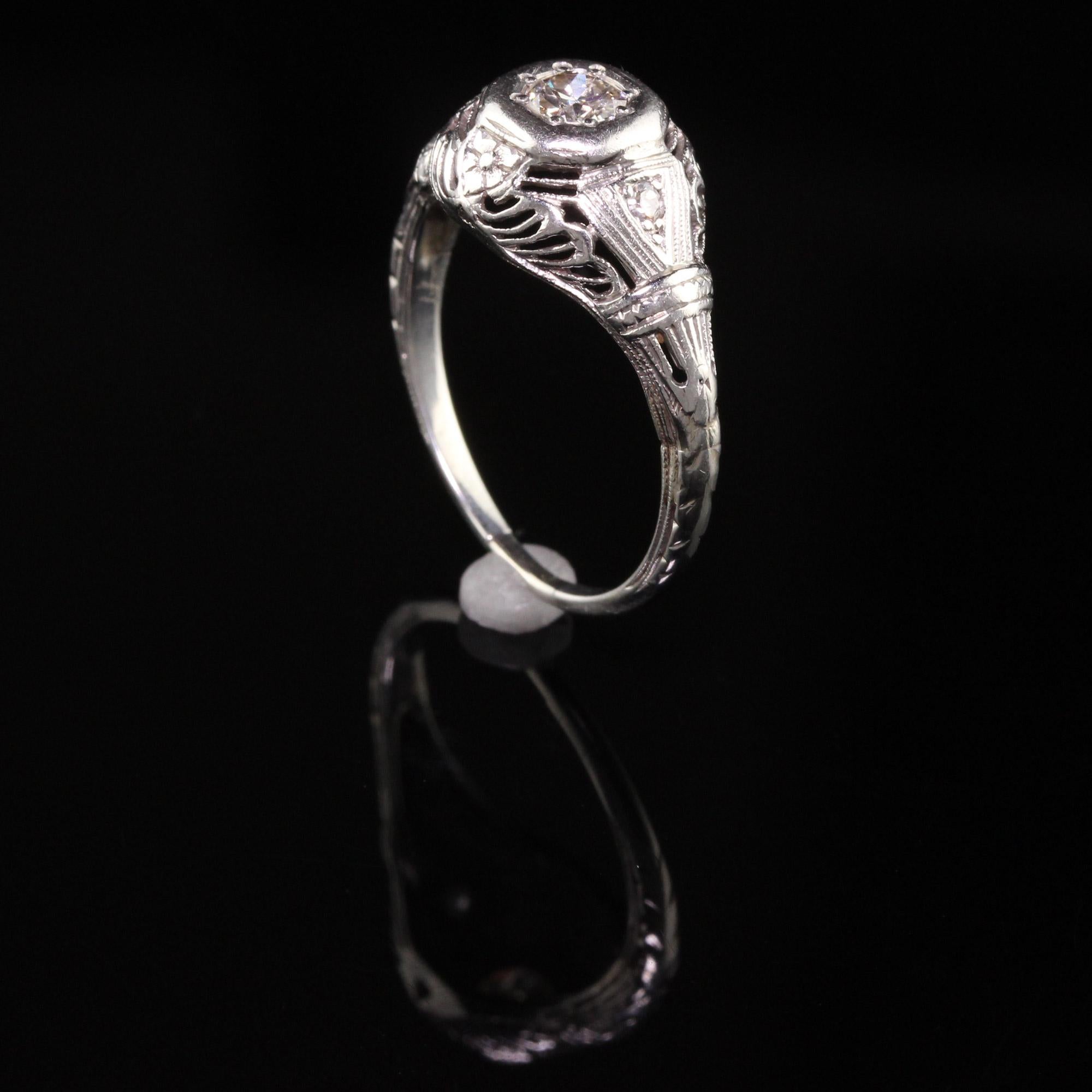 Women's Antique Art Deco Platinum Old European Diamond Filigree Engagement Ring For Sale