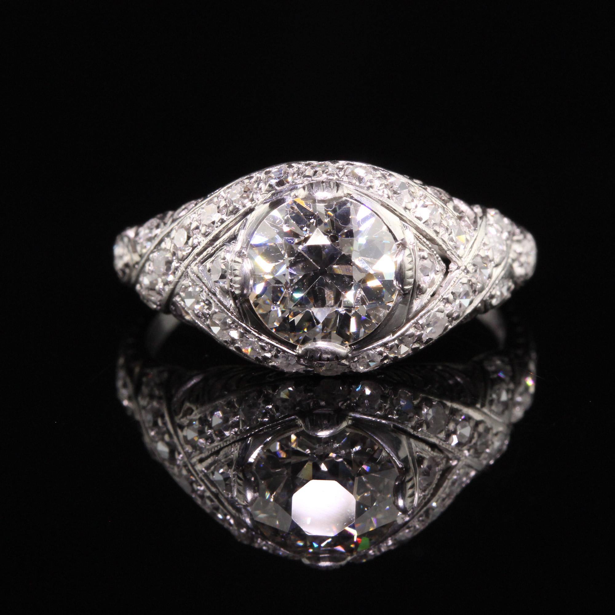 Women's Antique Art Deco Platinum Old European Diamond Filigree Engagement Ring For Sale