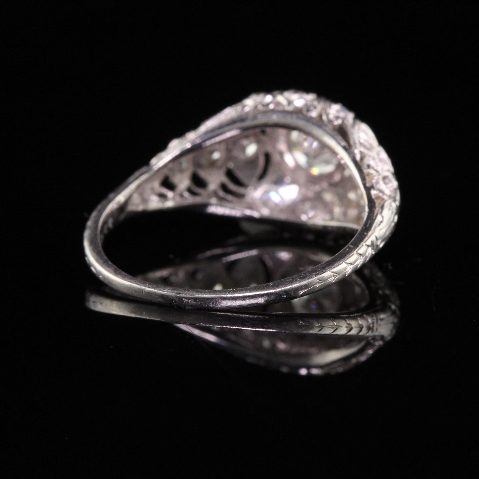 Women's or Men's Antique Art Deco Platinum Old European Diamond Filigree Engagement Ring For Sale