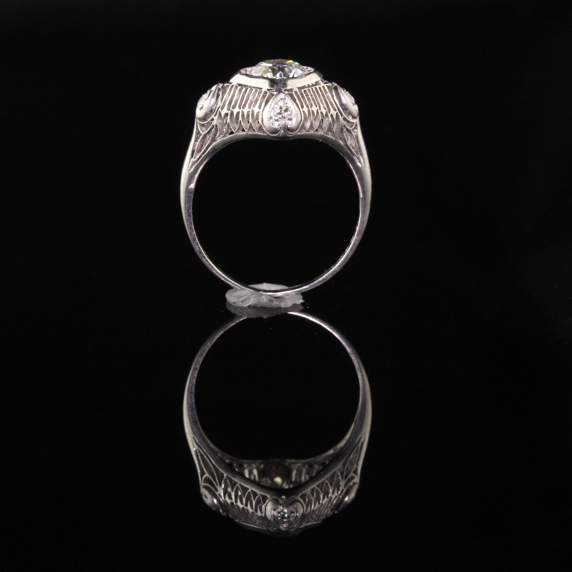 Old European Cut Antique Art Deco Platinum Old European Diamond Filigree Engagement Ring For Sale