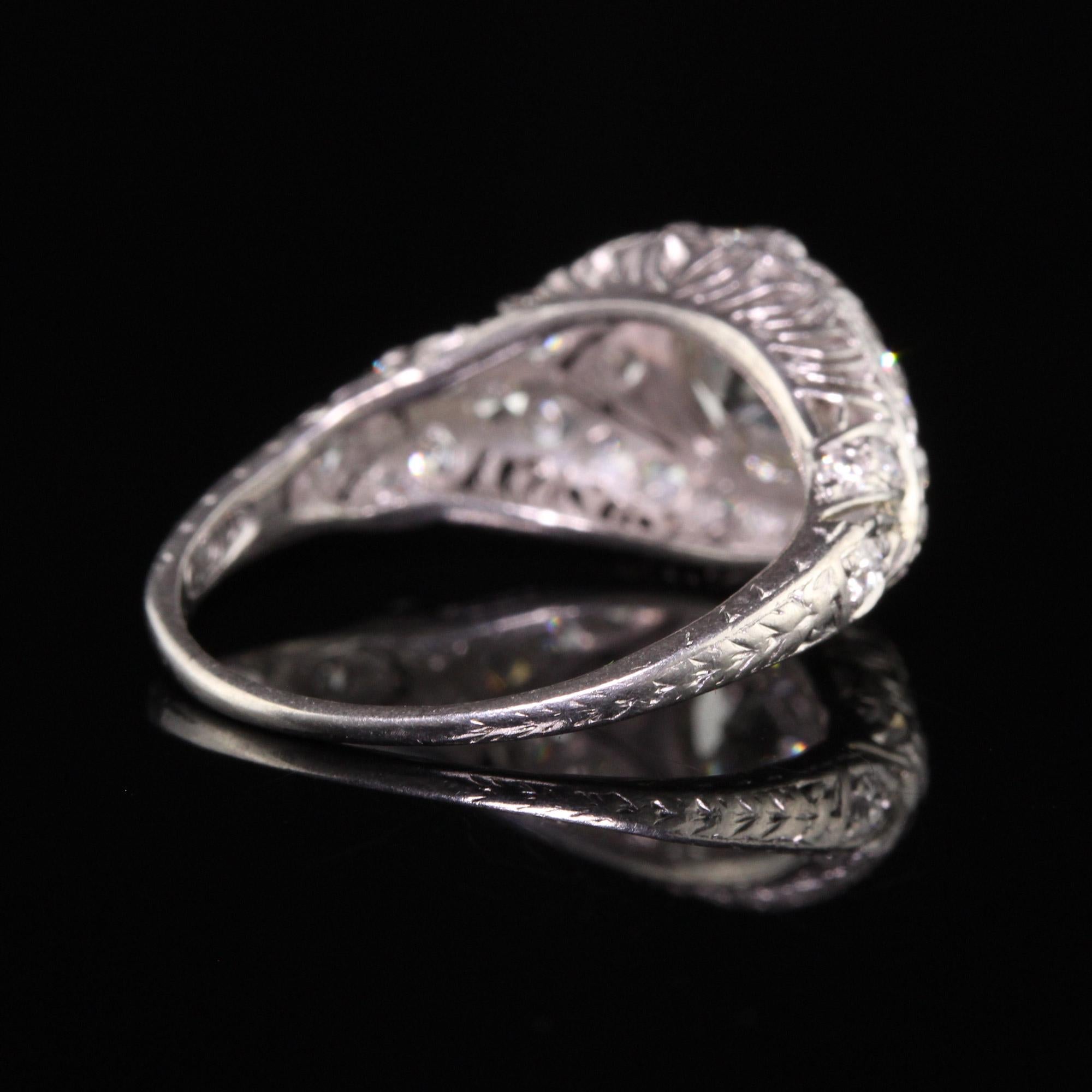 Antique Art Deco Platinum Old European Diamond Filigree Engagement Ring For Sale 1