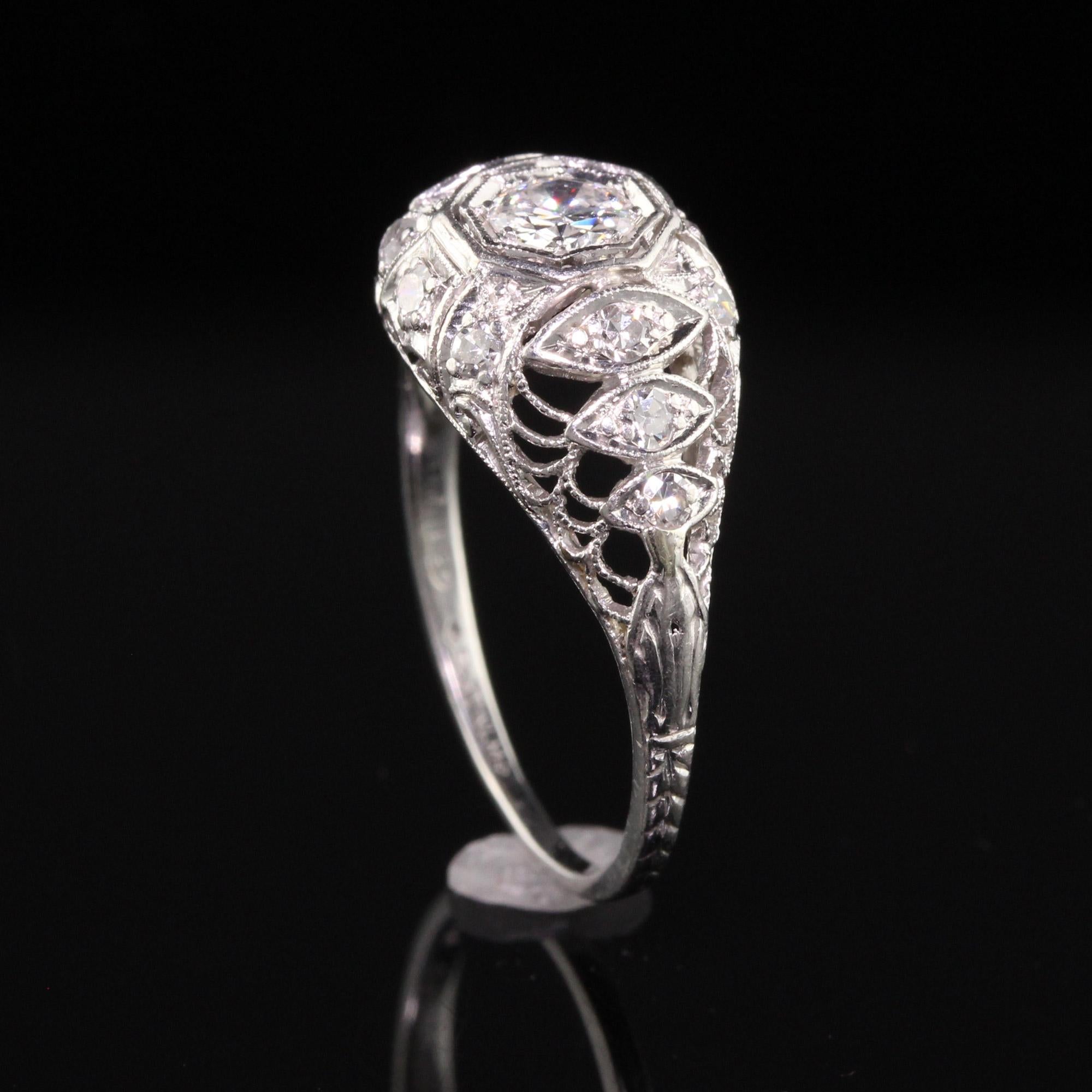 Antique Art Deco Platinum Old European Diamond Filigree Engagement Ring For Sale 1