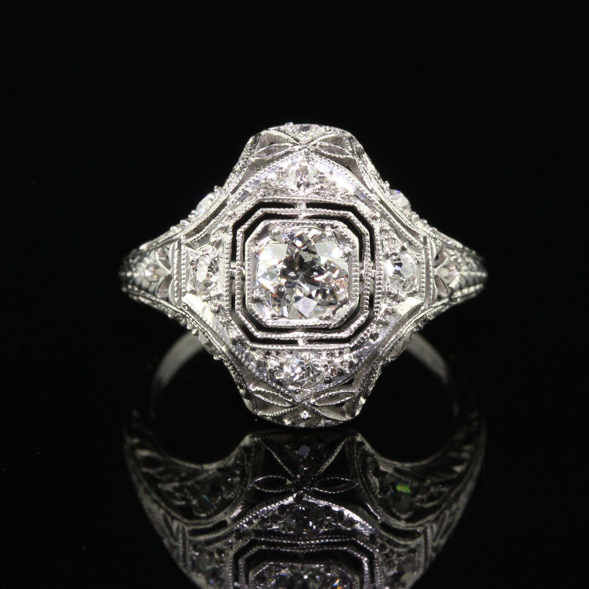 Antique Art Deco Platinum Old European Diamond Filigree Engagement Ring For Sale 1