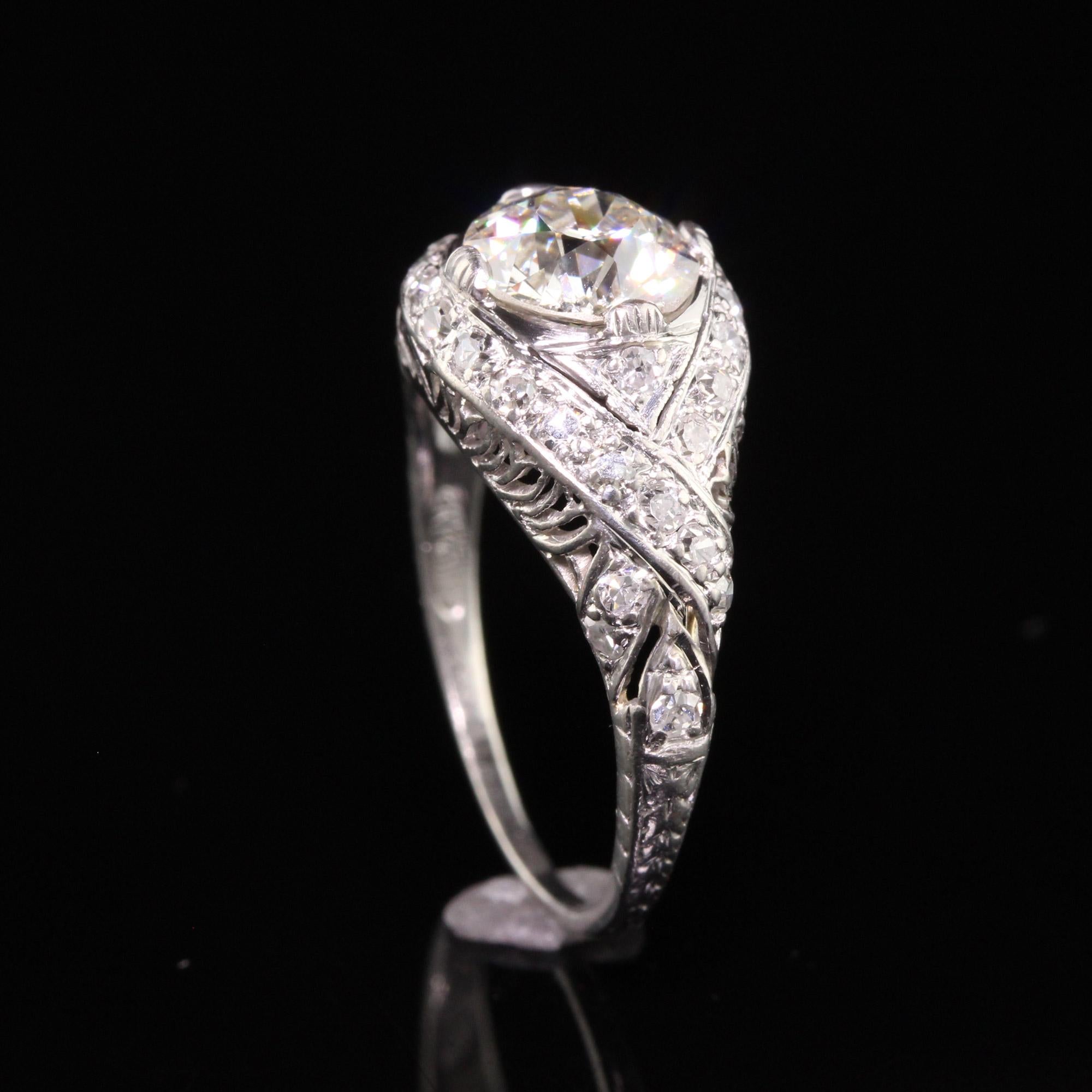 Antique Art Deco Platinum Old European Diamond Filigree Engagement Ring For Sale 2
