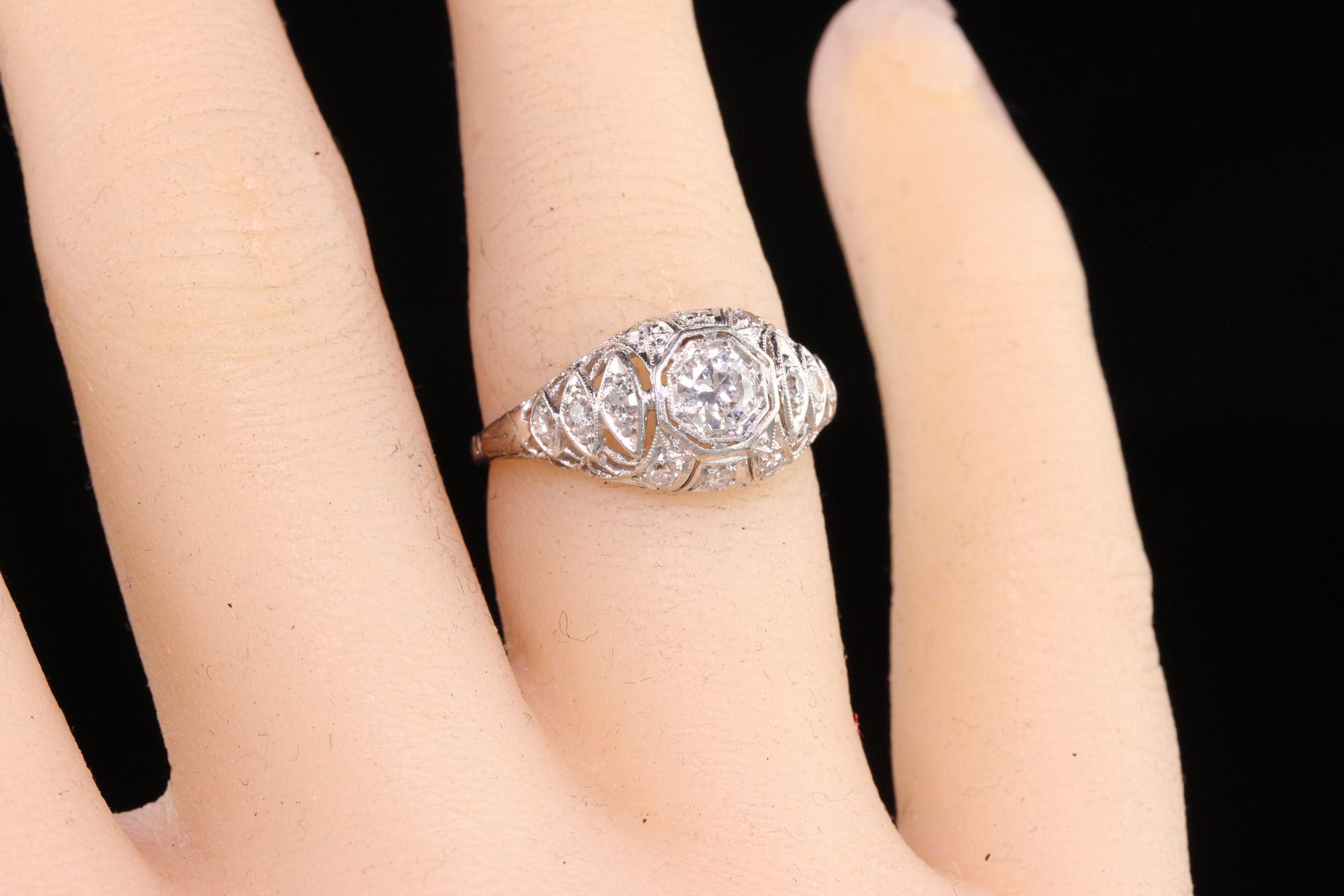 Antique Art Deco Platinum Old European Diamond Filigree Engagement Ring For Sale 2