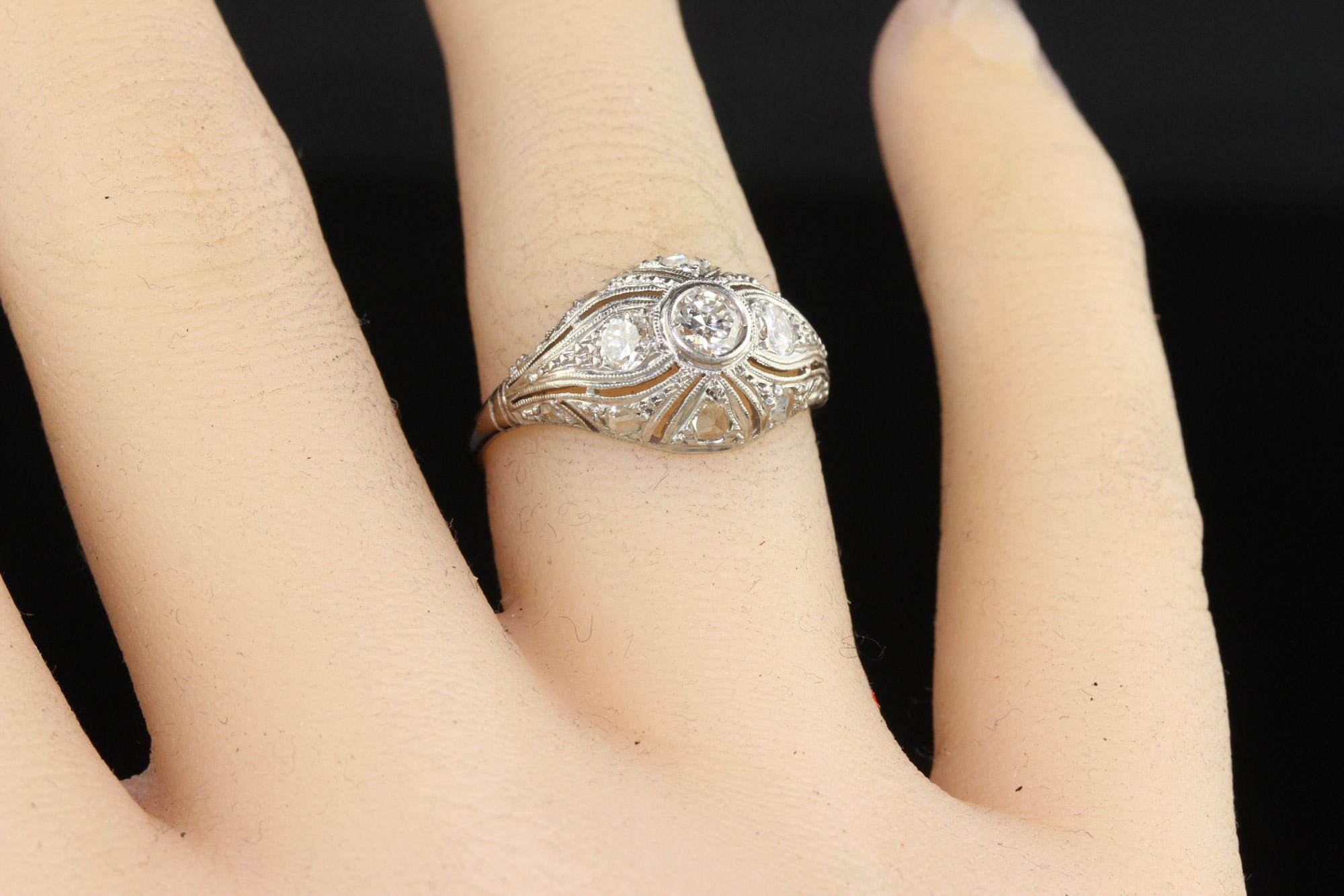 Antique Art Deco Platinum Old European Diamond Filigree Engagement Ring 2