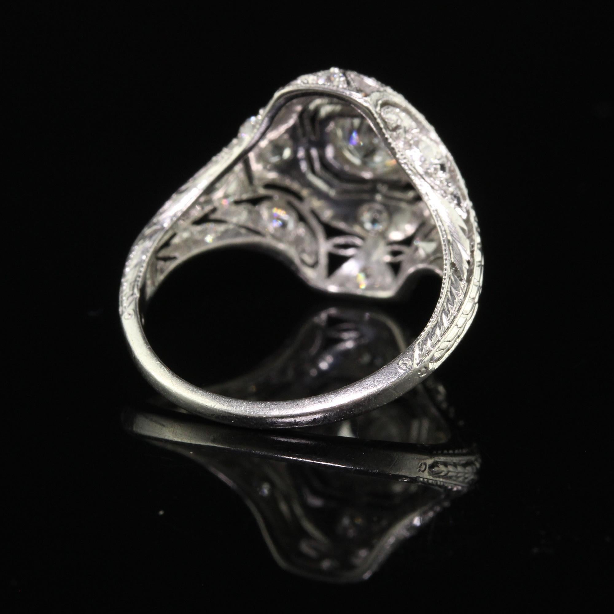Antique Art Deco Platinum Old European Diamond Filigree Engagement Ring For Sale 2