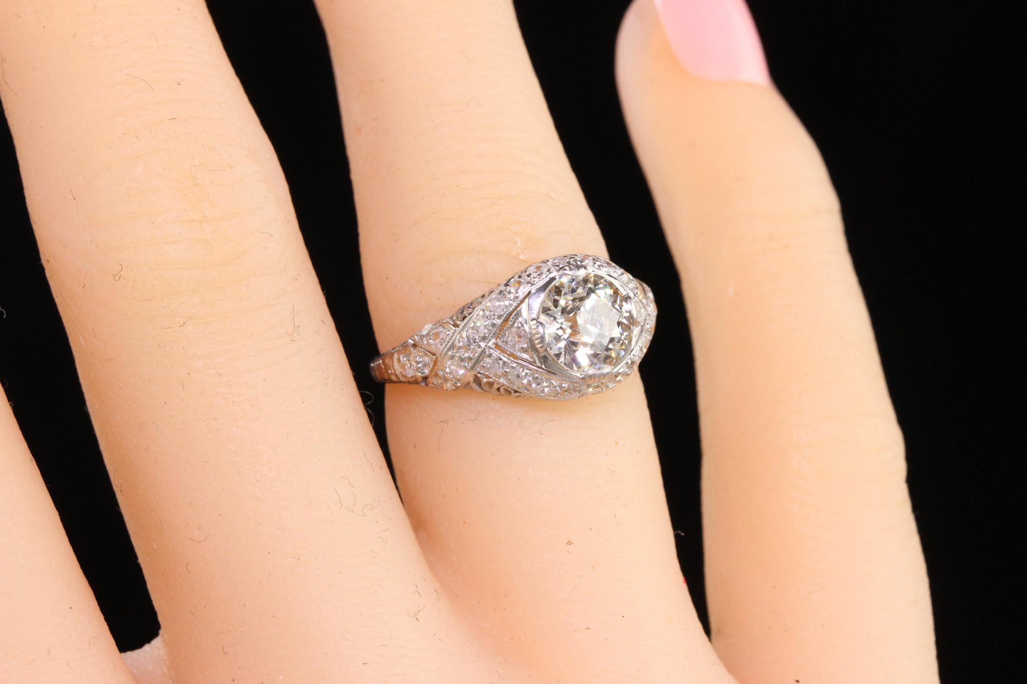 Antique Art Deco Platinum Old European Diamond Filigree Engagement Ring For Sale 3