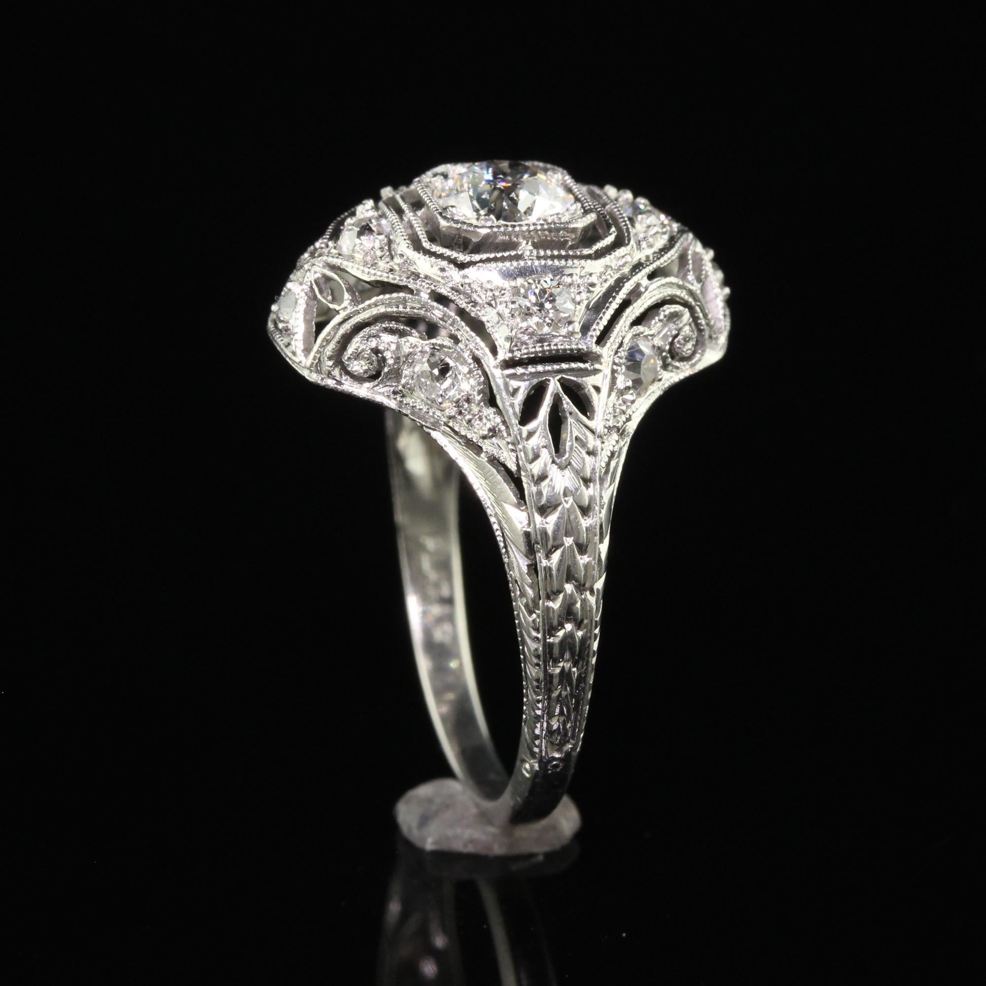 Antique Art Deco Platinum Old European Diamond Filigree Engagement Ring For Sale 3