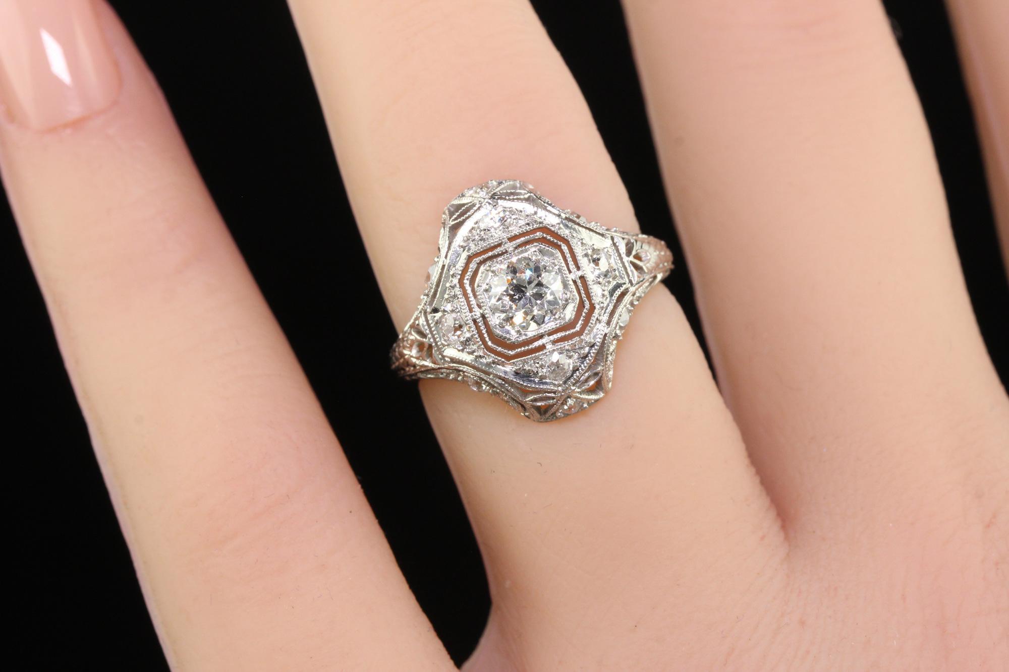 Antique Art Deco Platinum Old European Diamond Filigree Engagement Ring For Sale 4