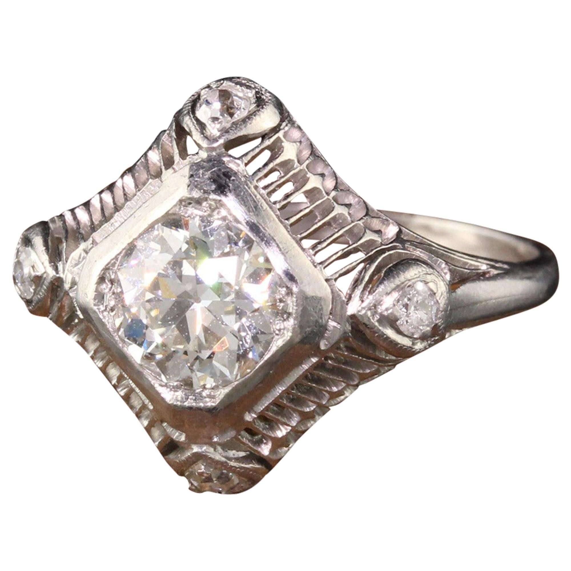 Antique Art Deco Platinum Old European Diamond Filigree Engagement Ring For Sale