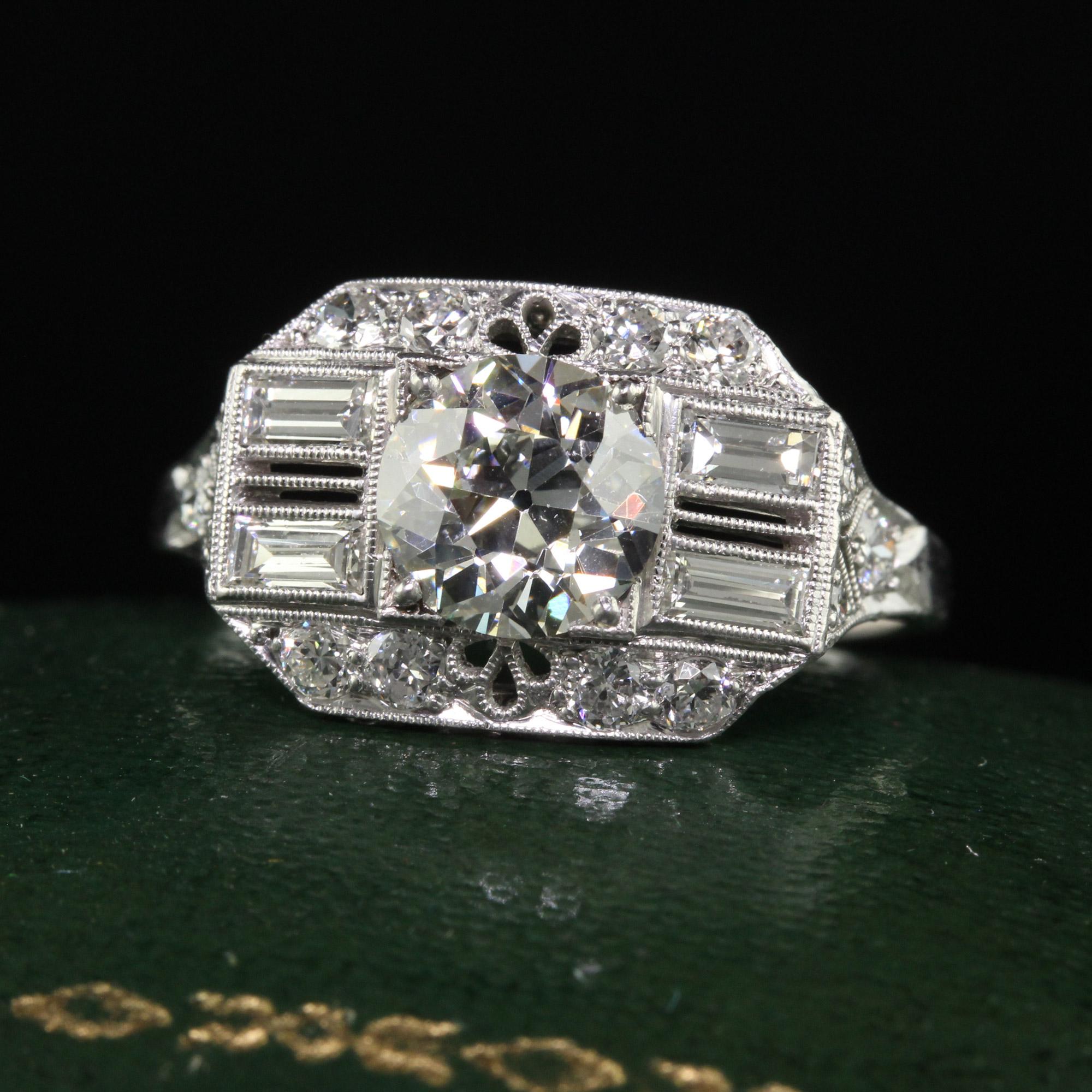 Beautiful Antique Art Deco Platinum Old European Diamond Filigree Engagement Ring - GIA. This incredible art deco engagement ring is crafted in platinum. The center holds a a gorgeous old European cut diamond that has a GIA report. It is set in an